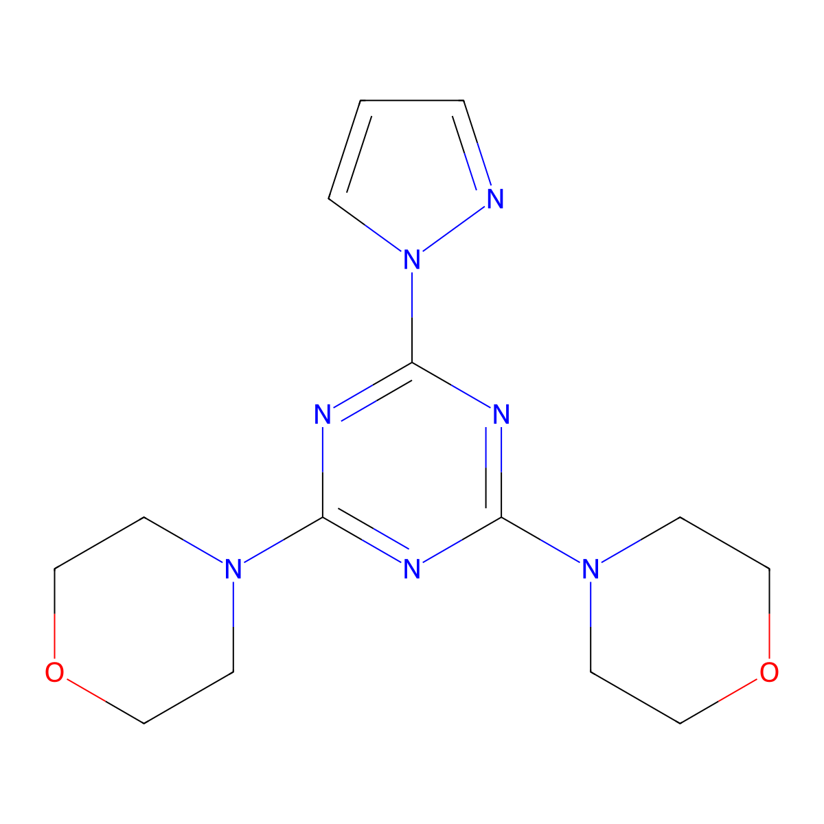 2,4-di(morpholin-4-yl)-6-(1H-pyrazol-1-yl)-1,3,5-triazine molecular structure, CAS 189078-37-3