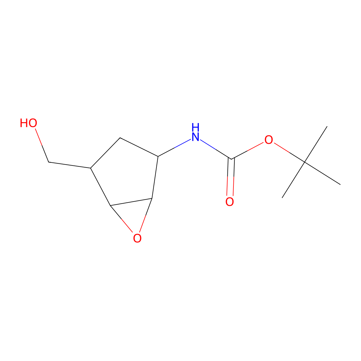 trans-(+/-) Tert-butyl-4-(hydroxymethyl)-6-oxabicyclo[3.1.0]hexan-2-yl)carbamate molecular structure, CAS 189098-26-8