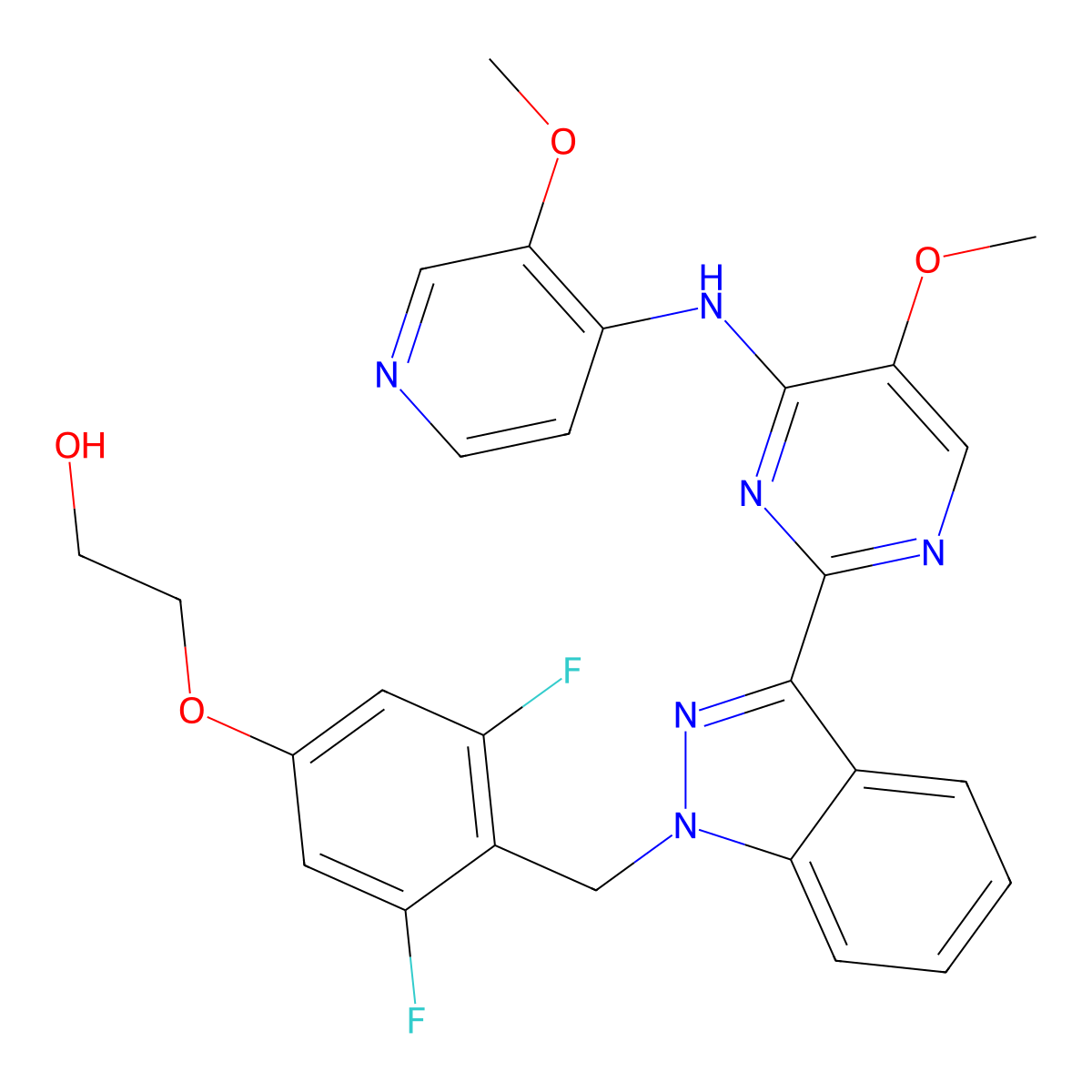 2-(3,5-difluoro-4-((3-(5-methoxy-4-((3-methoxypyridin-4-yl)amino)pyrimidin-2-yl)-1H-indazol-1-yl)methyl)phenoxy)ethan-1-ol molecular structure, CAS 1891087-61-8