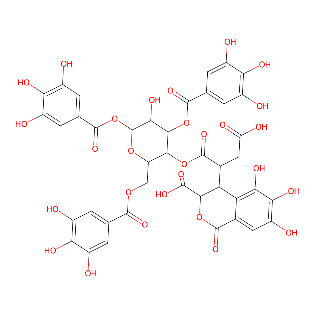 4-[3-Carboxy-1-[5-hydroxy-4,6-bis[(3,4,5-trihydroxybenzoyl)oxy]-2-[(3,4,5-trihydroxybenzoyl)oxymethyl]oxan-3-yl]oxy-1-oxopropan-2-yl]-5,6,7-trihydroxy-1-oxo-3,4-dihydroisochromene-3-carboxylic acid molecular structure, CAS 18913-60-5