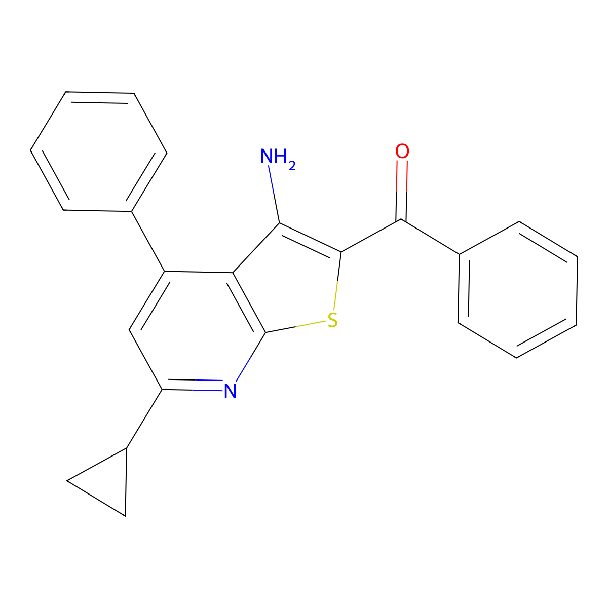 (3-Amino-6-cyclopropyl-4-phenylthieno[2,3-b]pyridin-2-yl)(phenyl)methanone molecular structure, CAS 189132-50-1
