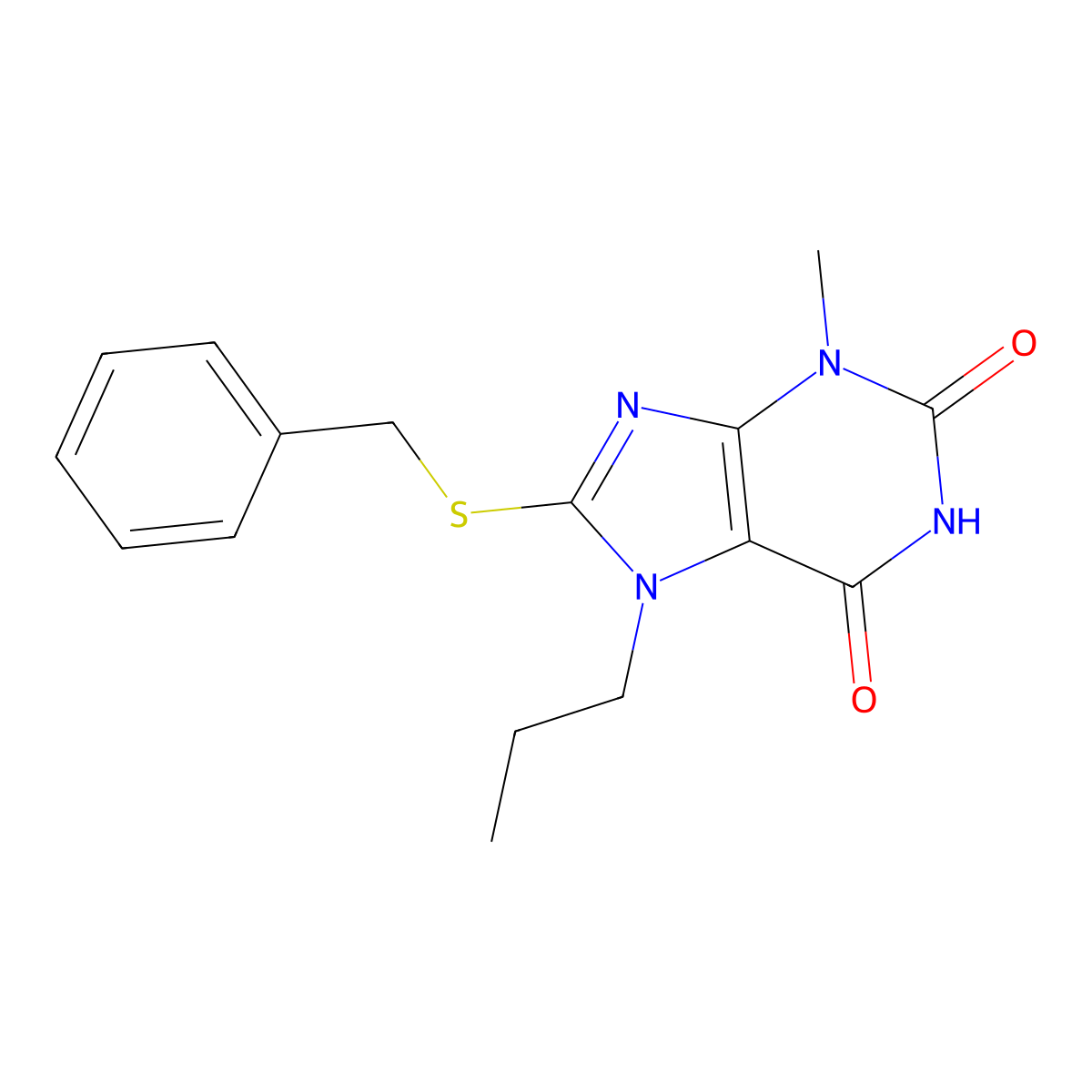 8-(benzylthio)-3-methyl-7-propyl-3,7-dihydro-1H-purine-2,6-dione molecular structure, CAS 189149-65-3