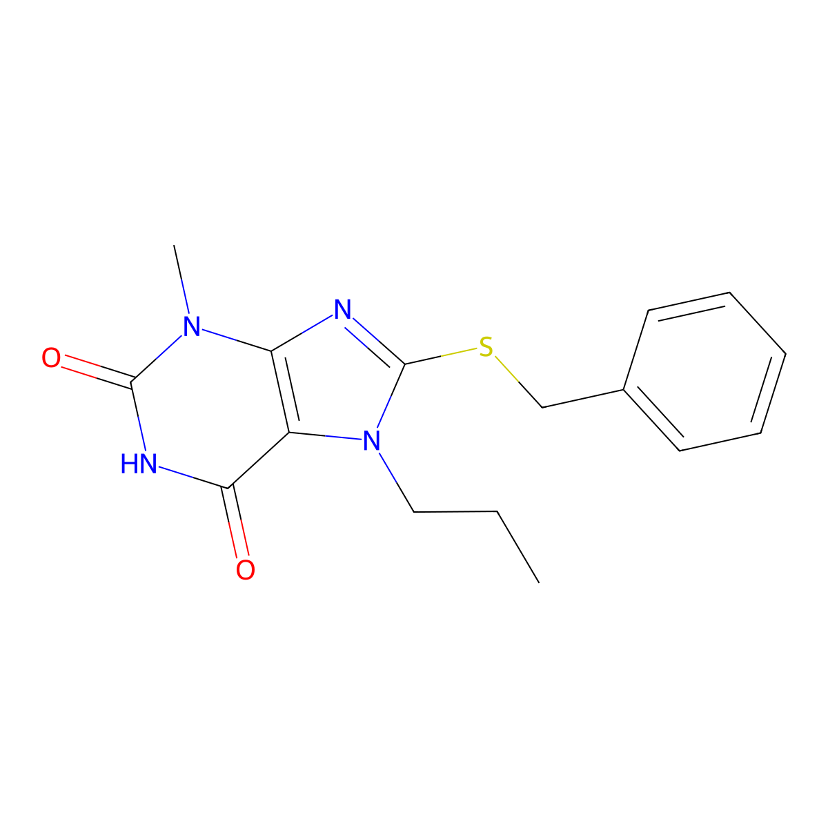8-(benzylthio)-3-methyl-7-propyl-3,7-dihydro-1H-purine-2,6-dione molecular structure, CAS 189149-65-3
