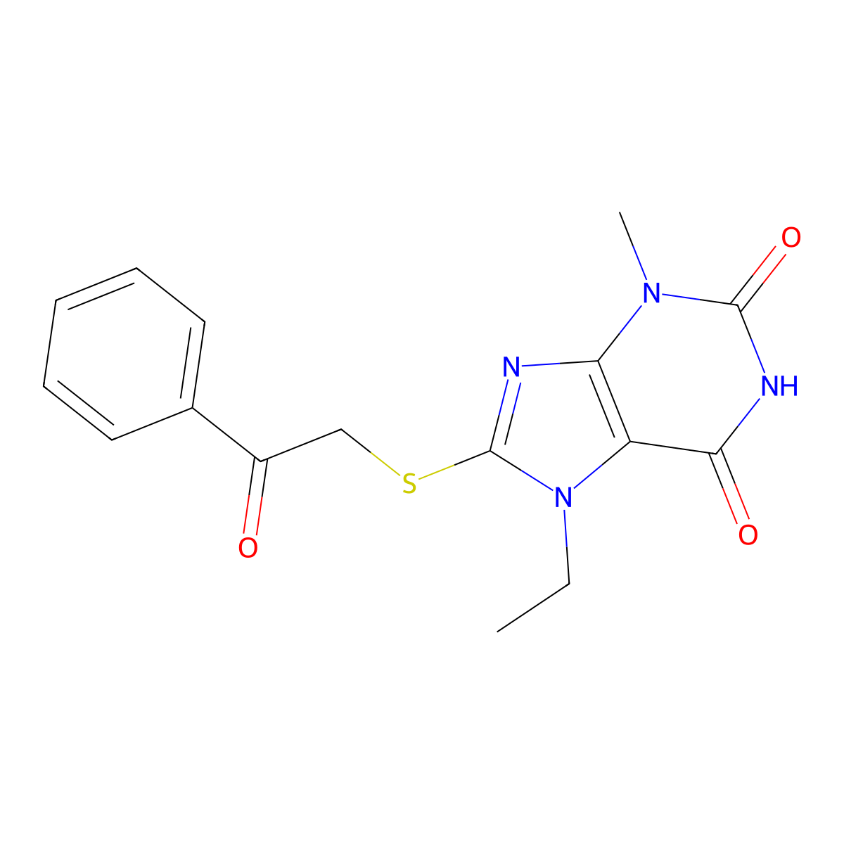 7-ethyl-3-methyl-8-((2-oxo-2-phenylethyl)thio)-1H-purine-2,6(3H,7H)-dione molecular structure, CAS 189149-72-2