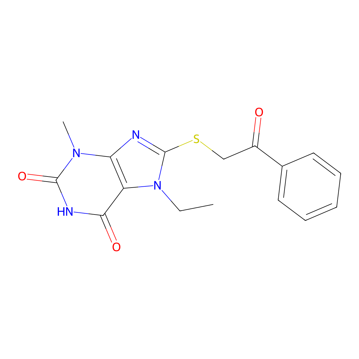 7-ethyl-3-methyl-8-((2-oxo-2-phenylethyl)thio)-1H-purine-2,6(3H,7H)-dione molecular structure, CAS 189149-72-2