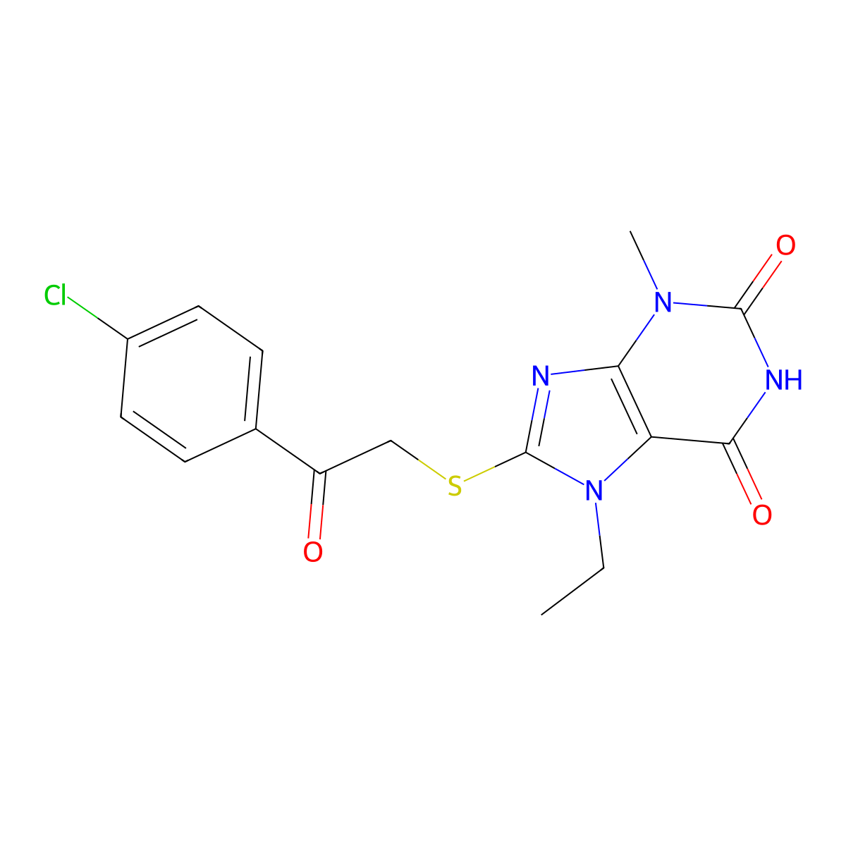 8-((2-(4-chlorophenyl)-2-oxoethyl)thio)-7-ethyl-3-methyl-1H-purine-2,6(3H,7H)-dione molecular structure, CAS 189149-75-5