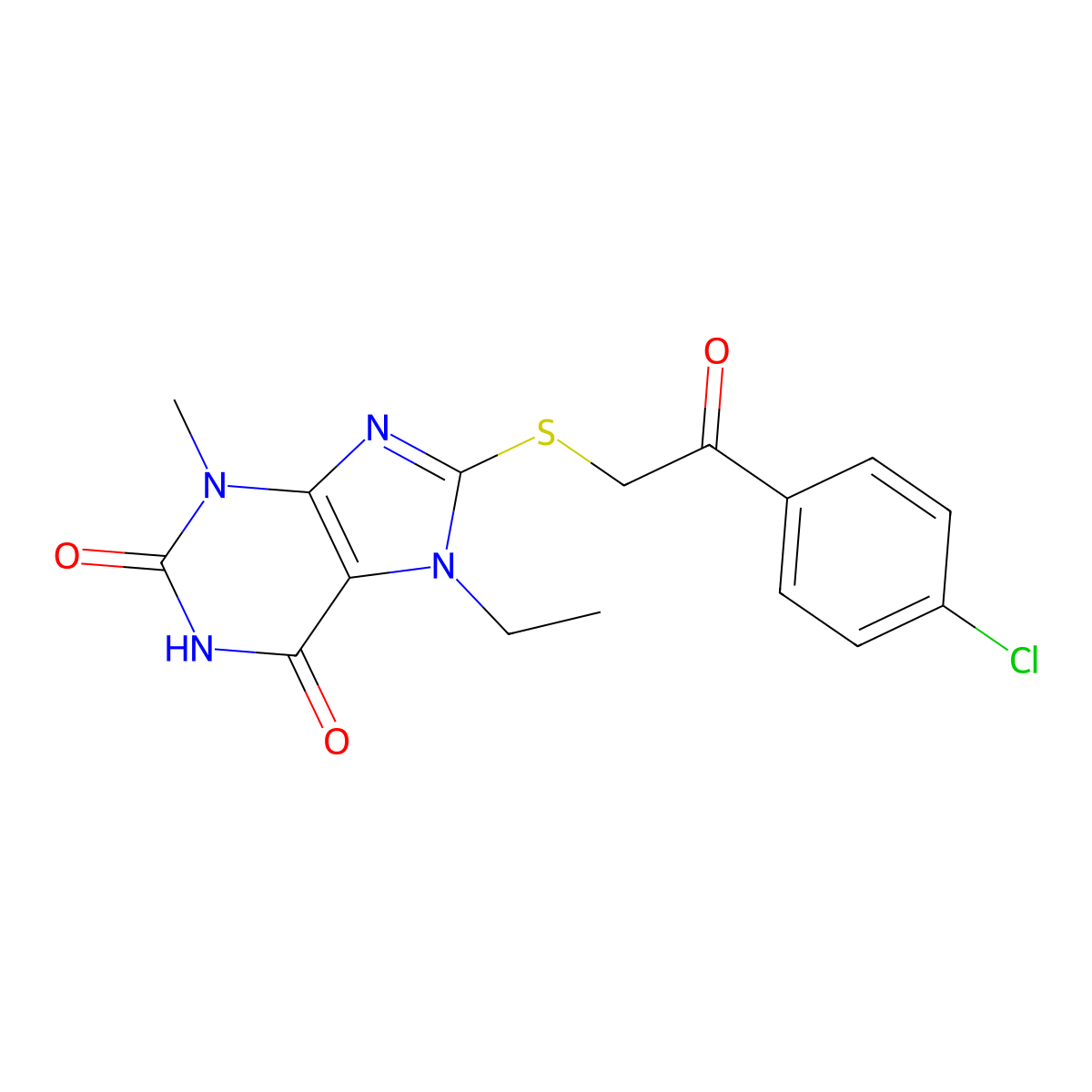 8-((2-(4-chlorophenyl)-2-oxoethyl)thio)-7-ethyl-3-methyl-1H-purine-2,6(3H,7H)-dione molecular structure, CAS 189149-75-5