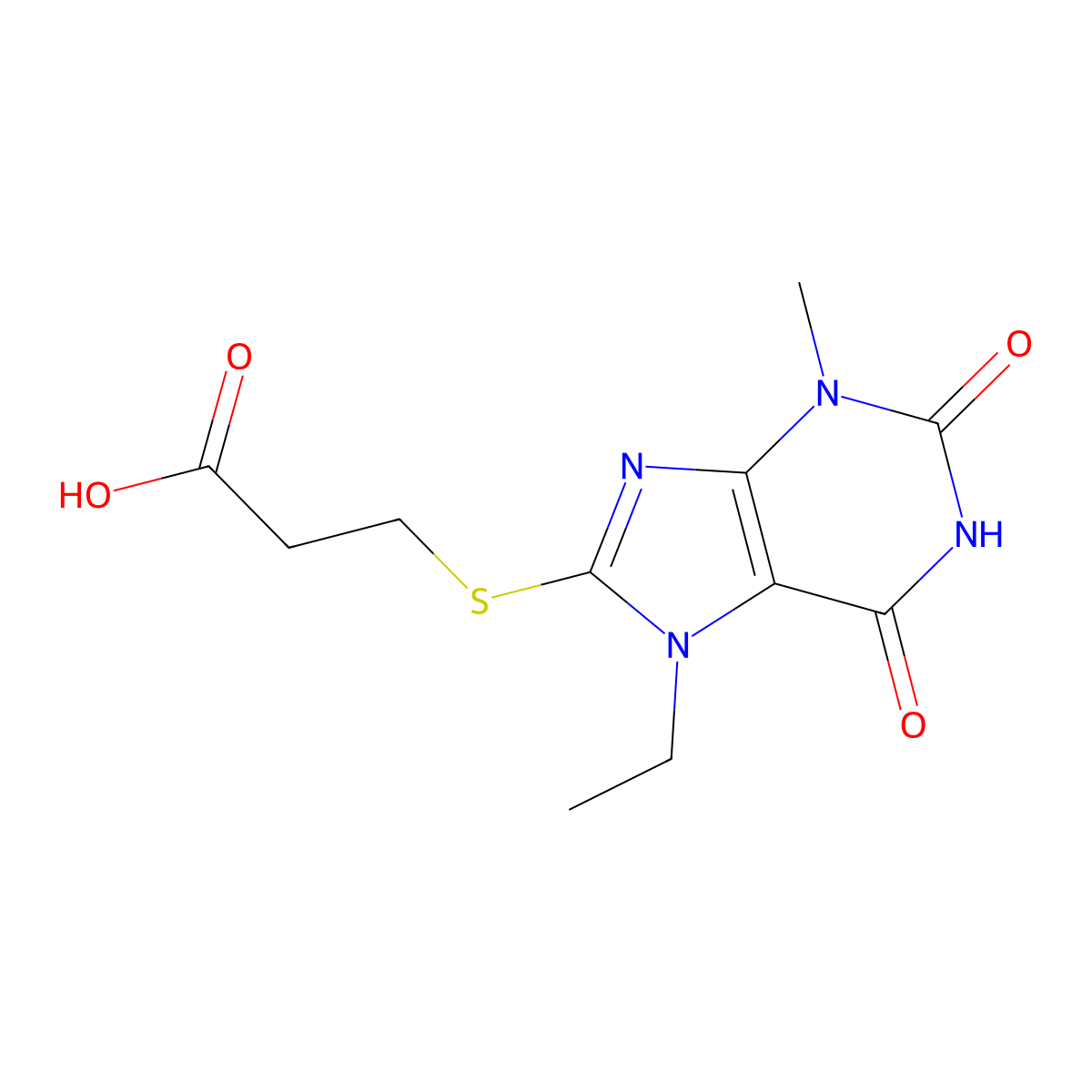 3-((7-ethyl-3-methyl-2,6-dioxo-2,3,6,7-tetrahydro-1H-purin-8-yl)thio)propanoic acid molecular structure, CAS 189149-98-2