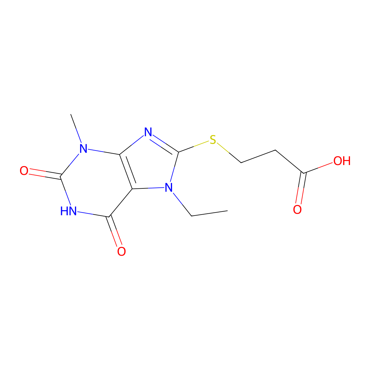 3-((7-ethyl-3-methyl-2,6-dioxo-2,3,6,7-tetrahydro-1H-purin-8-yl)thio)propanoic acid molecular structure, CAS 189149-98-2