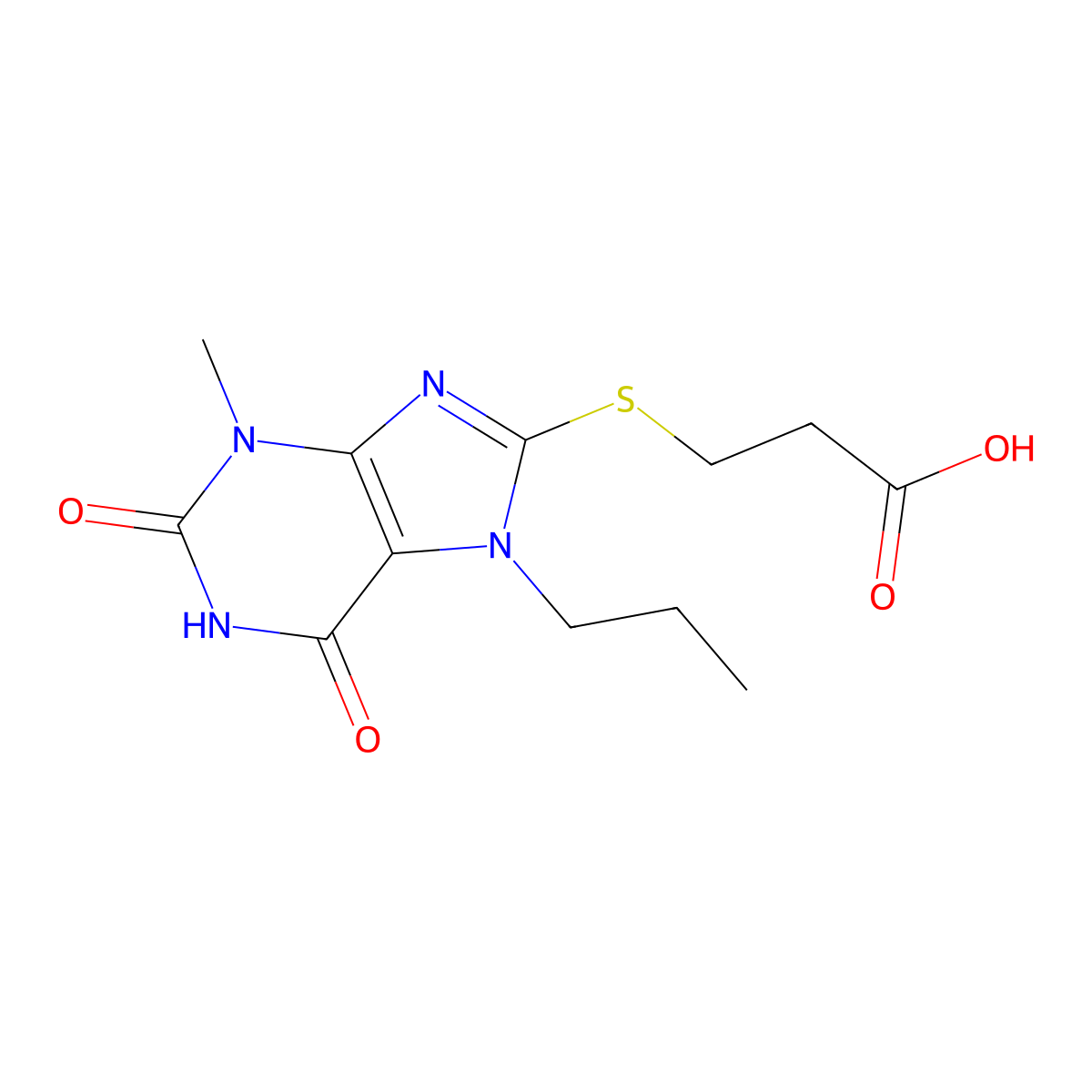 3-((3-methyl-2,6-dioxo-7-propyl-2,3,6,7-tetrahydro-1H-purin-8-yl)thio)propanoic acid molecular structure, CAS 189150-03-6