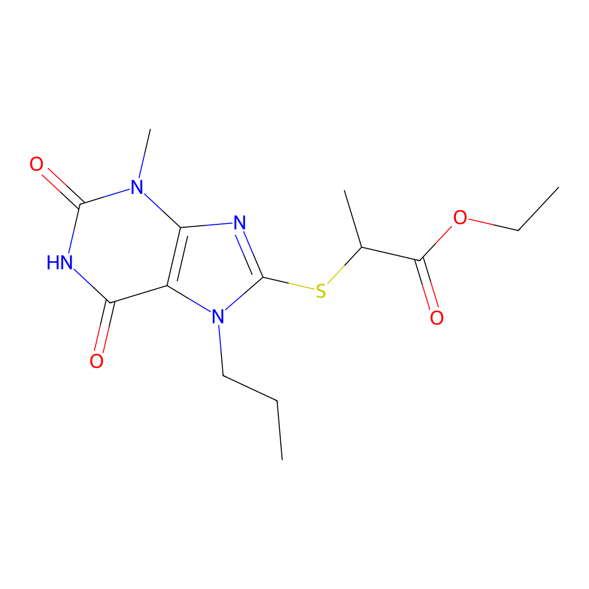 ethyl 2-[(3-methyl-2,6-dioxo-7-propyl-2,3,6,7-tetrahydro-1H-purin-8-yl)sulfanyl]propanoate molecular structure, CAS 189150-26-3