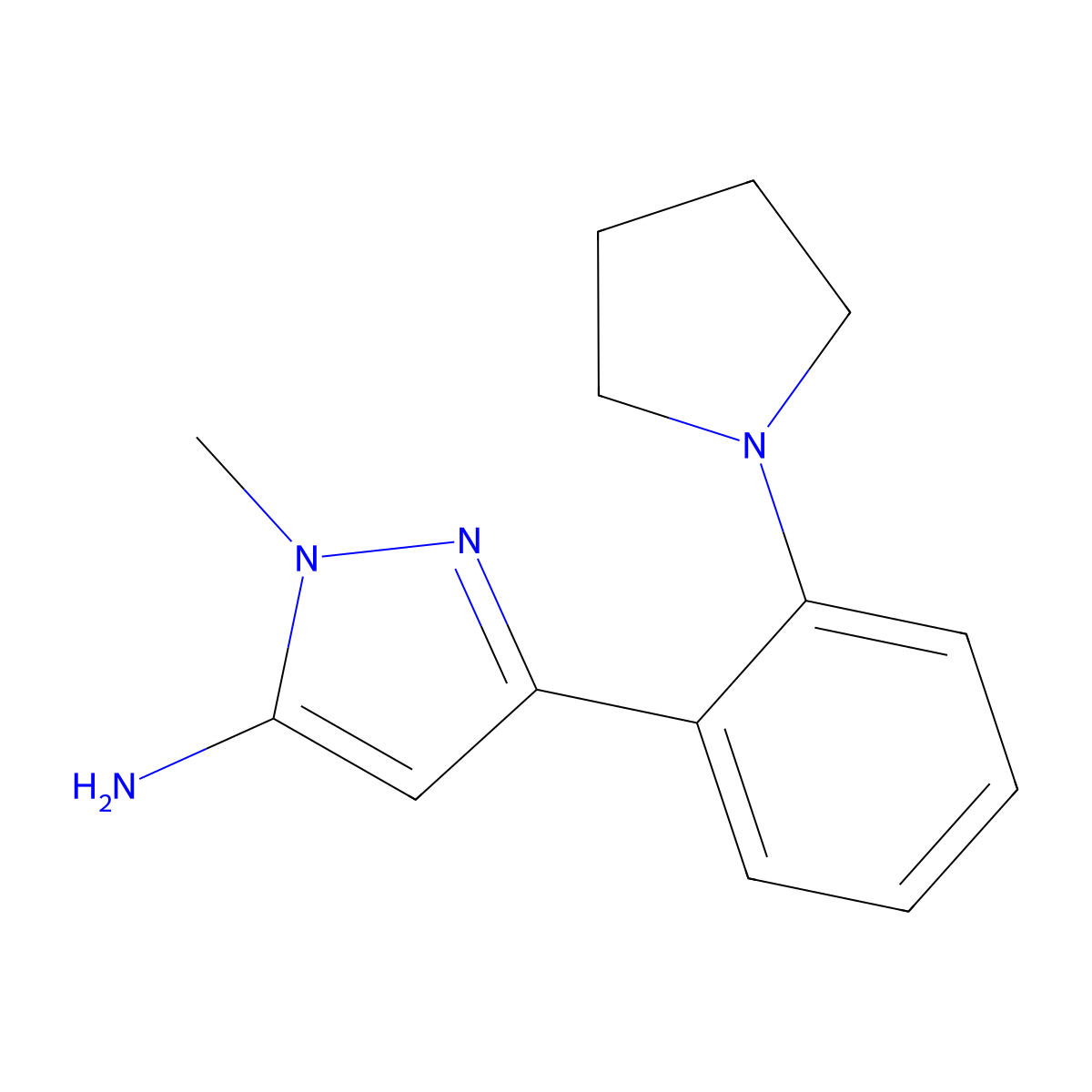 1-methyl-3-[2-(pyrrolidin-1-yl)phenyl]-1H-pyrazol-5-amine molecular structure, CAS 1892152-41-8