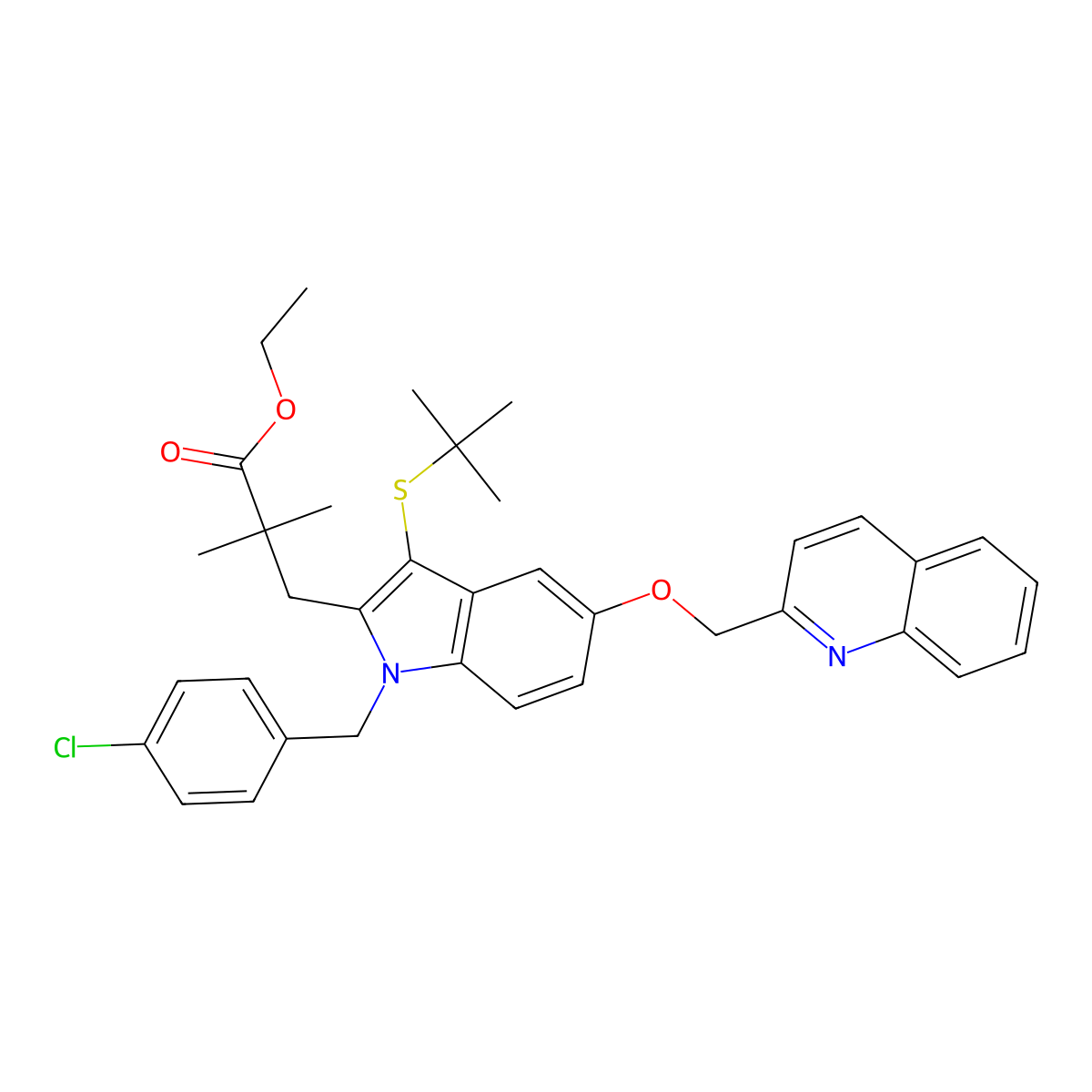 Ethyl 3-(3-(tert-butylthio)-1-(4-chlorobenzyl)-5-(quinolin-2-ylmethoxy)-1H-indol-2-yl)-2,2-dimethylpropanoate molecular structure, CAS 189239-02-9