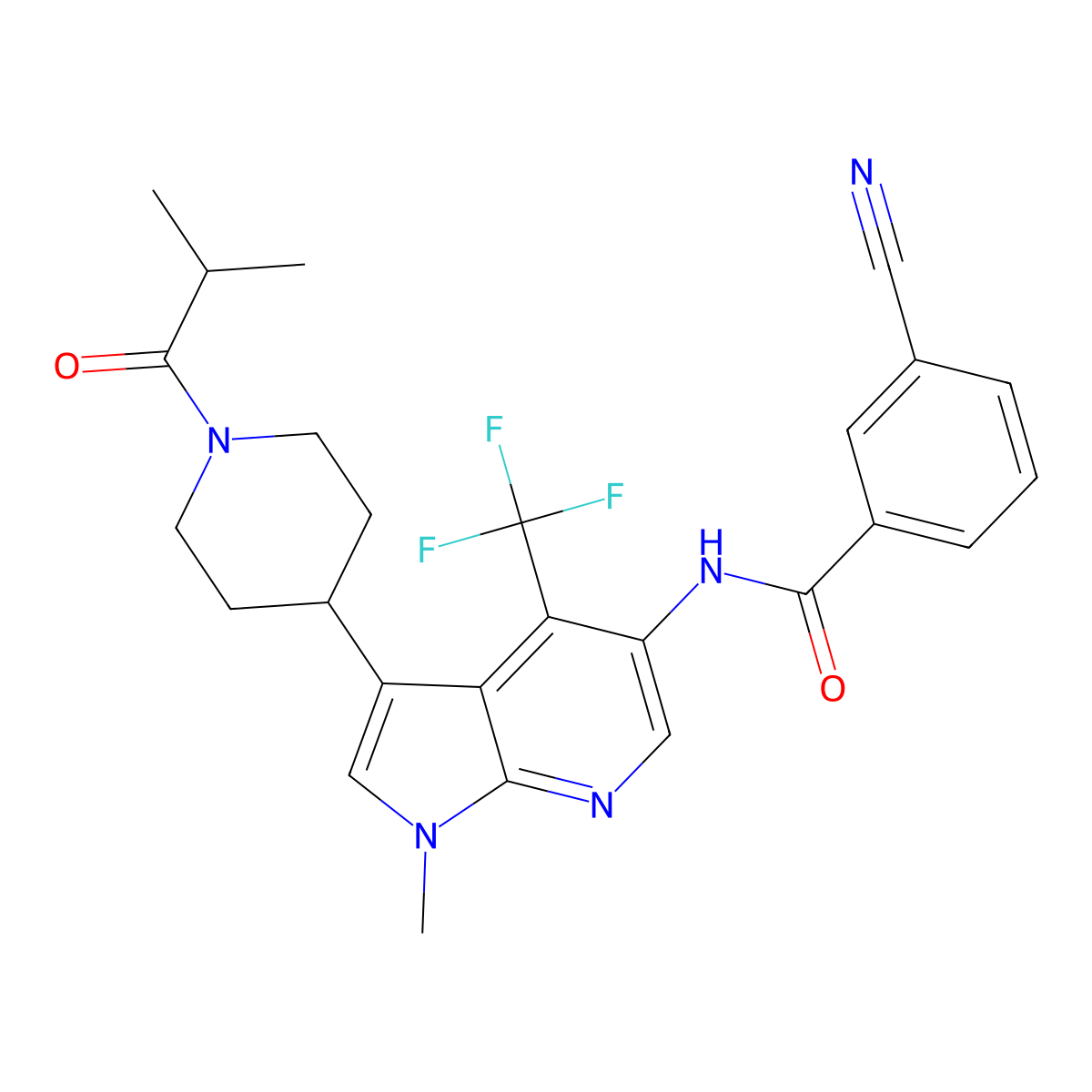3-cyano-N-(3-(1-isobutyrylpiperidin-4-yl)-1-methyl-4-(trifluoromethyl)-1H-pyrrolo[2,3-b]pyridin-5-yl)benzamide molecular structure, CAS 1892576-58-7
