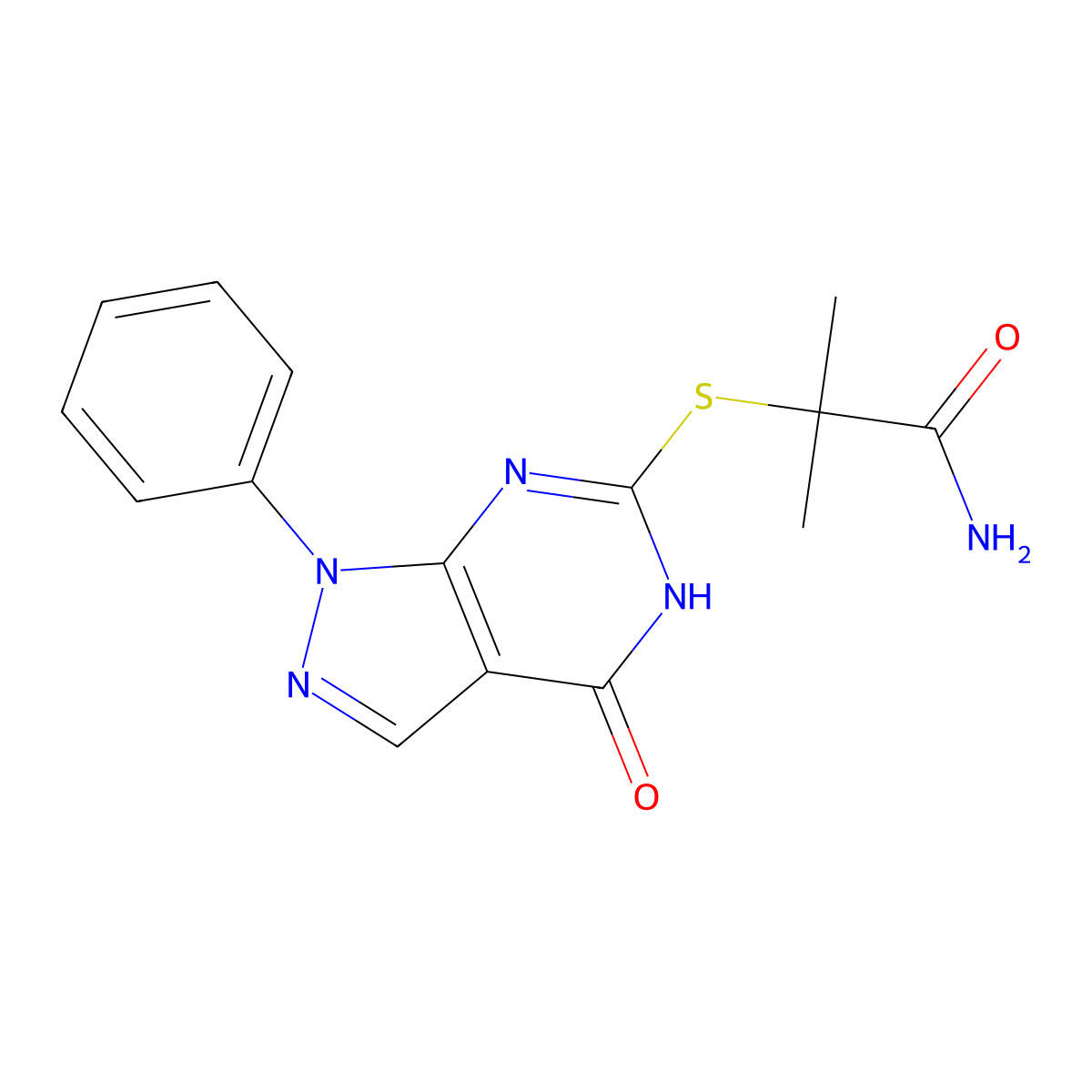 2-Methyl-2-((4-oxo-1-phenyl-4,5-dihydro-1H-pyrazolo[3,4-d]pyrimidin-6-yl)thio)propanamide molecular structure, CAS 1892594-93-2