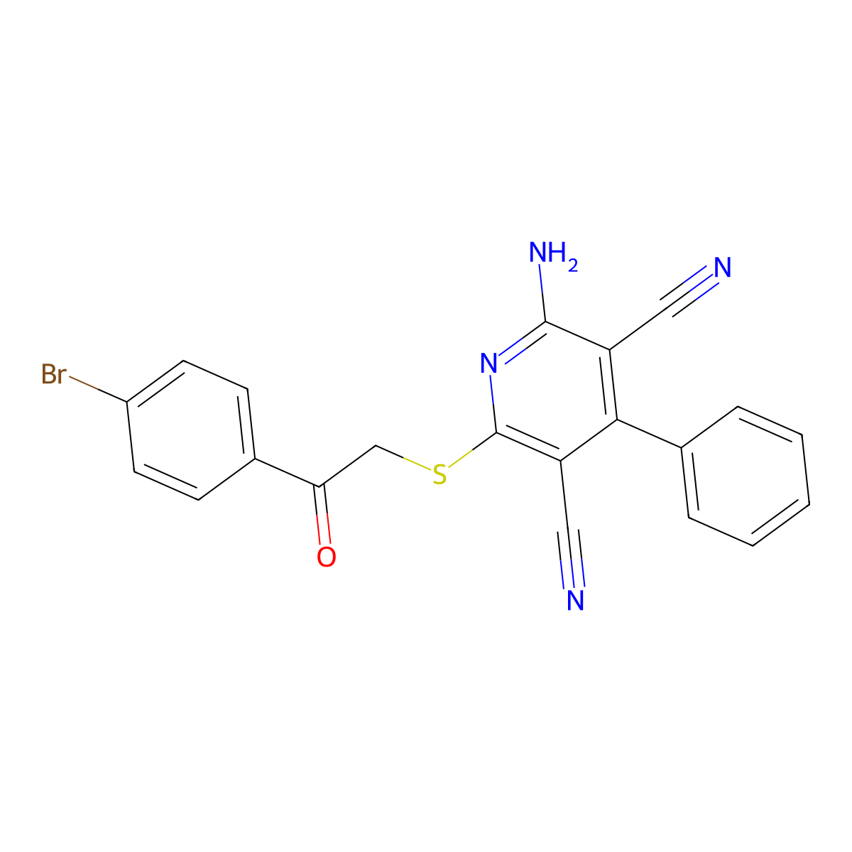 2-Amino-6-((2-(4-bromophenyl)-2-oxoethyl)thio)-4-phenylpyridine-3,5-dicarbonitrile molecular structure, CAS 189278-28-2