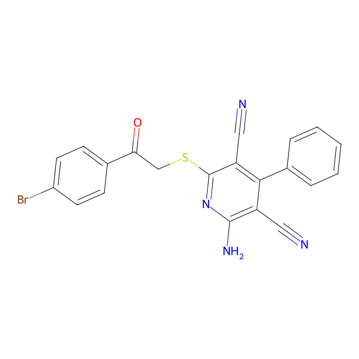 2-Amino-6-((2-(4-bromophenyl)-2-oxoethyl)thio)-4-phenylpyridine-3,5-dicarbonitrile molecular structure, CAS 189278-28-2