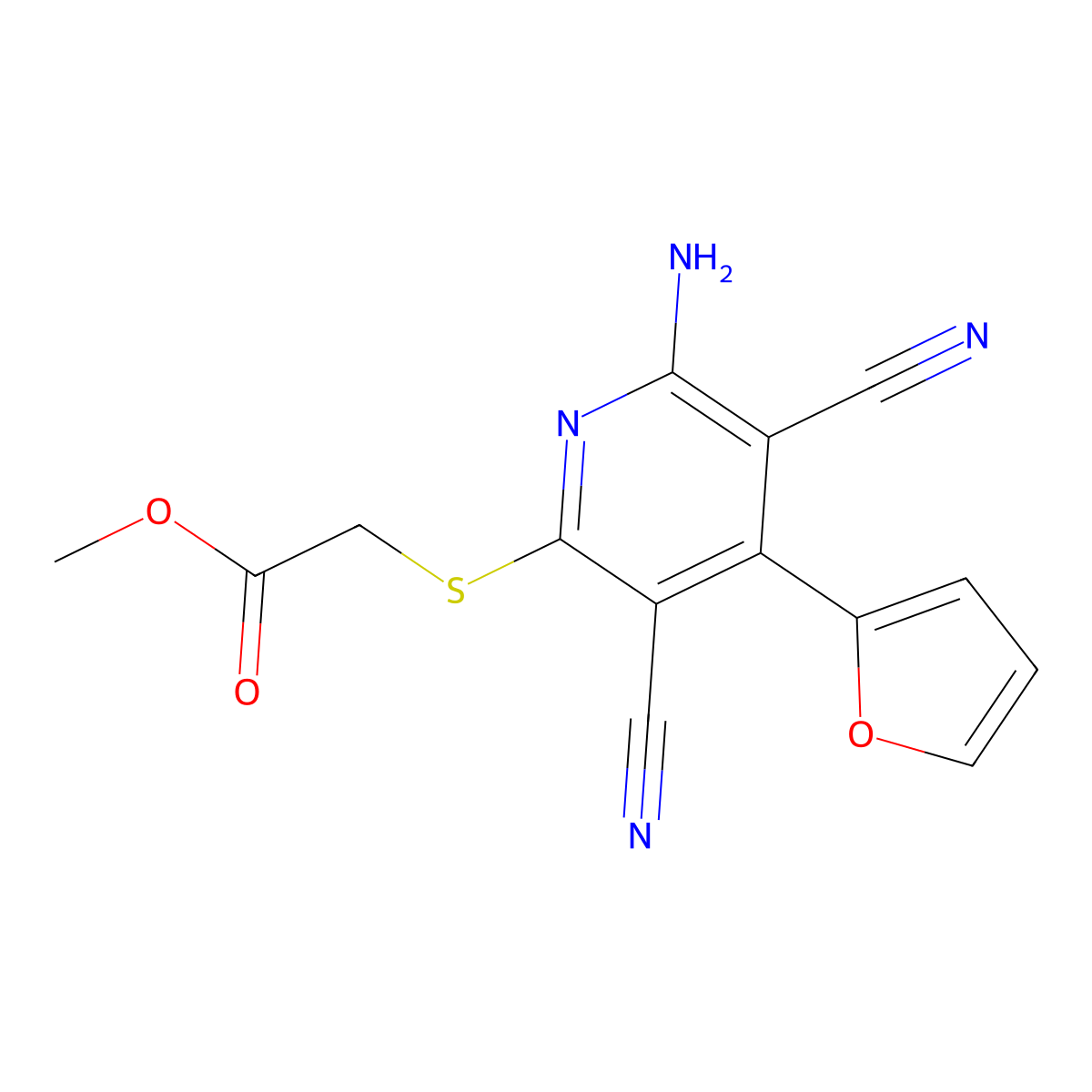 Methyl {[6-amino-3,5-dicyano-4-(furan-2-yl)pyridin-2-yl]sulfanyl}acetate molecular structure, CAS 189278-35-1