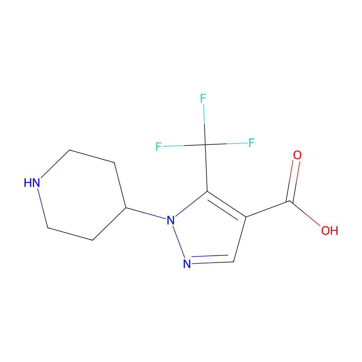 1-(piperidin-4-yl)-5-(trifluoromethyl)-1H-pyrazole-4-carboxylic acid molecular structure, CAS 1892784-21-2