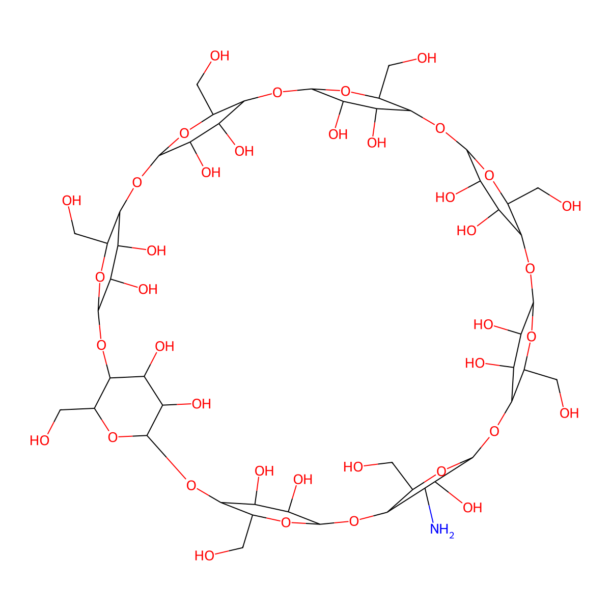 55-Amino-5,10,15,20,25,30,35,40-octakis(hydroxymethyl)-2,4,7,9,12,14,17,19,22,24,27,29,32,34,37,39-hexadecaoxanonacyclo[36.2.2.23,6.28,11.213,16.218,21.223,26.228,31.233,36]hexapentacontane-41,42,43,44,45,46,47,48,49,50,51,52,53,54,56-pentadecol molecular structure, CAS 189307-64-0