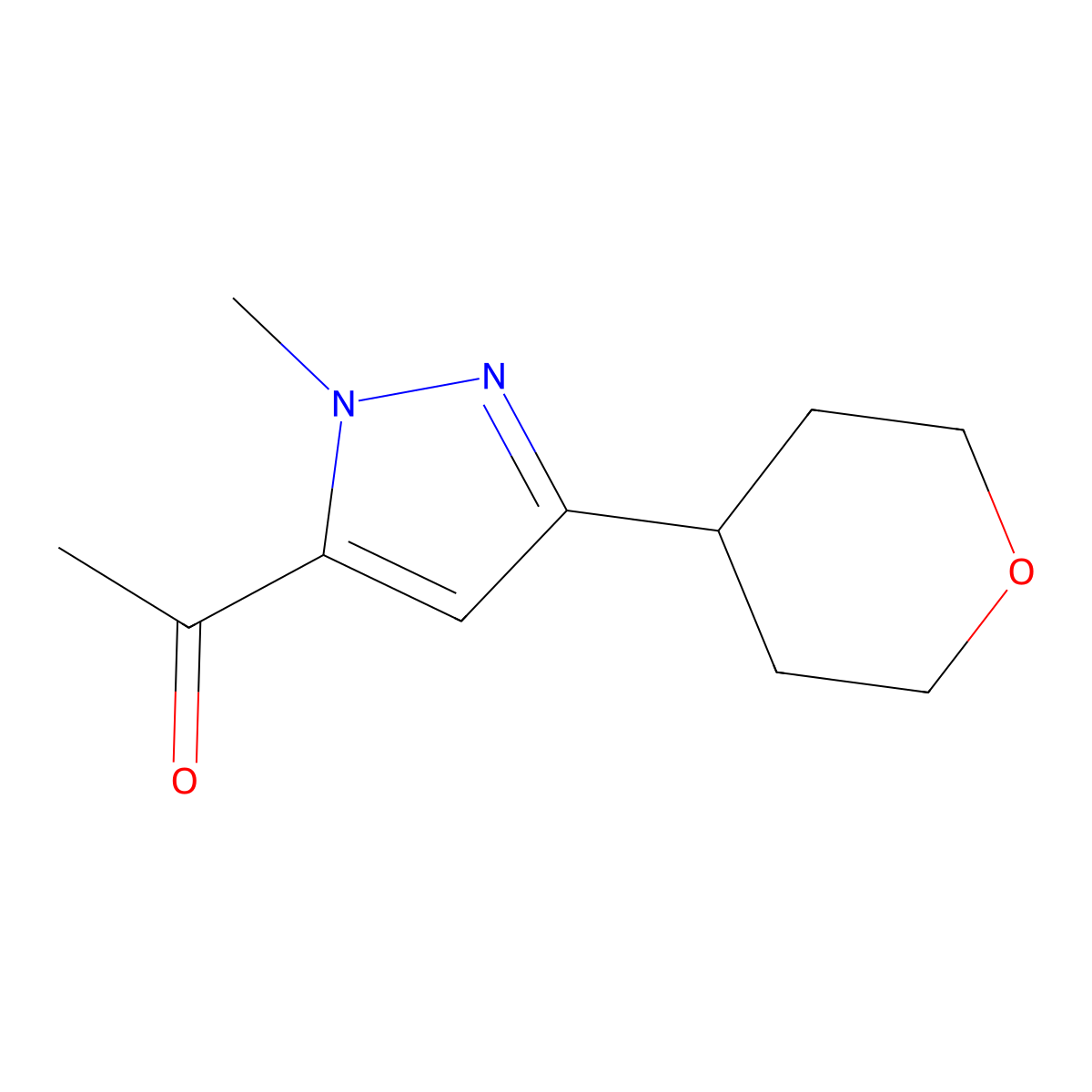 1-[1-methyl-3-(oxan-4-yl)-1H-pyrazol-5-yl]ethan-1-one molecular structure, CAS 1893169-04-4