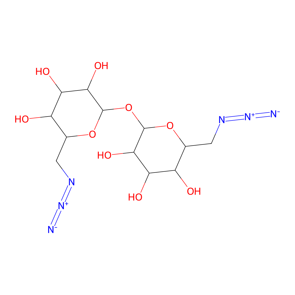 (2R,3S,4S,5R,6R)-2-(azidomethyl)-6-[(2R,3R,4S,5S,6R)-6-(azidomethyl)-3,4,5-trihydroxy-tetrahydropyran-2-yl]oxy-tetrahydropyran-3,4,5-triol molecular structure, CAS 18933-88-5