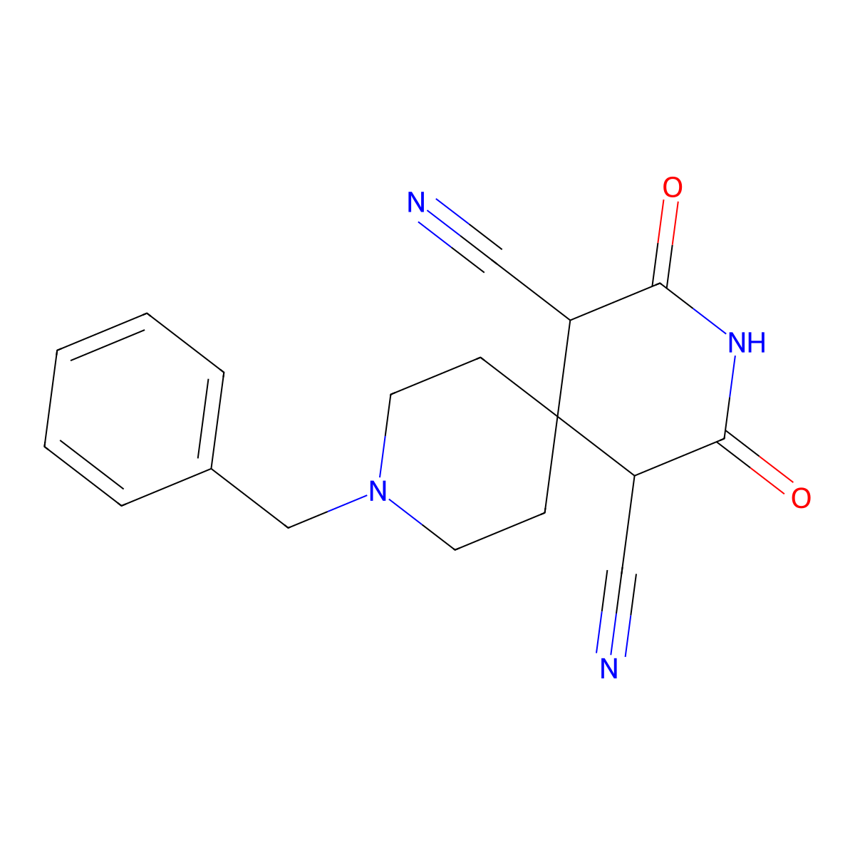 9-Benzyl-2,4-dioxo-3,9-diazaspiro[5.5]undecane-1,5-dicarbonitrile molecular structure, CAS 189333-46-8