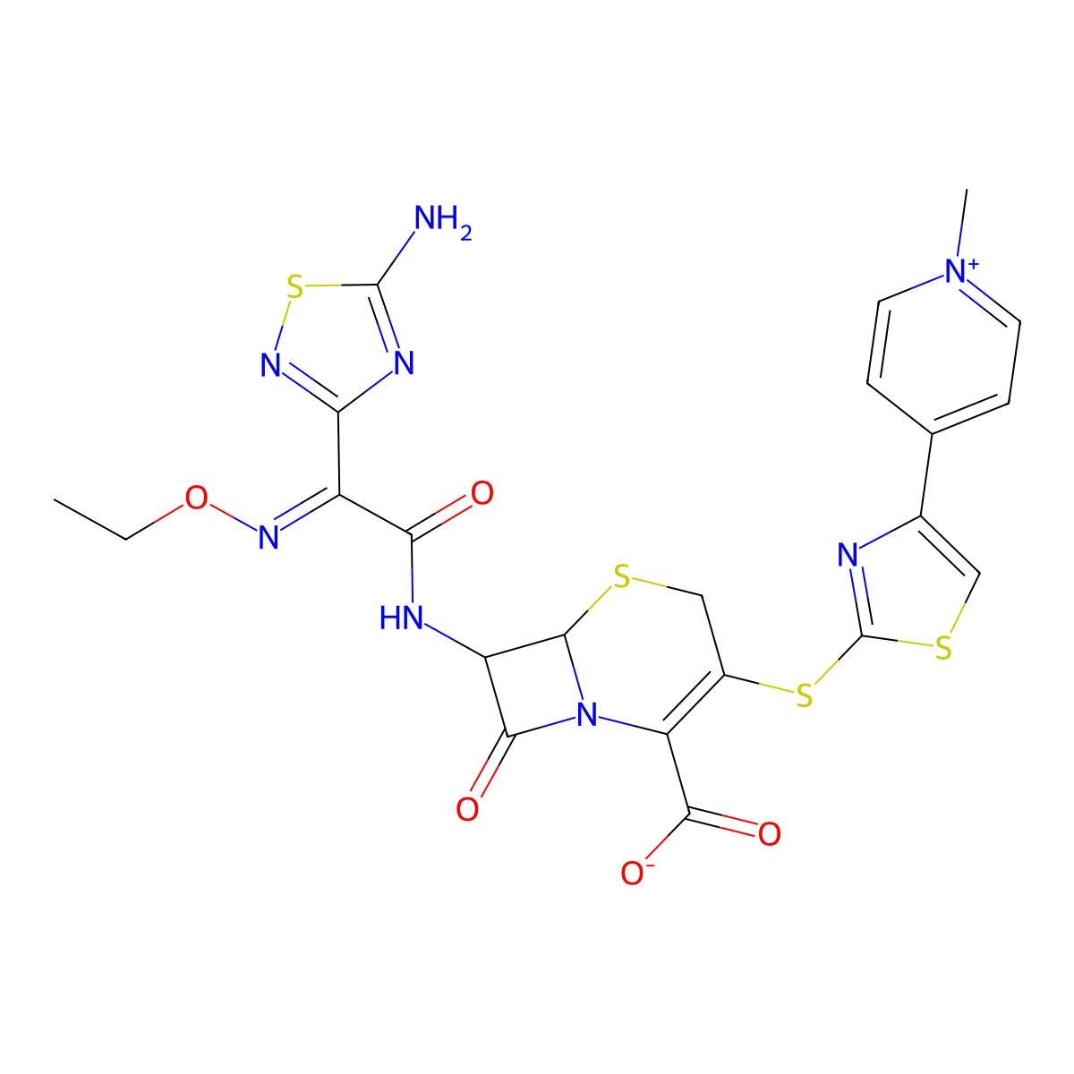 Pyridinium, 4-(2-(((6R,7R)-7-(((2Z)-2-(5-amino-1,2,4-thiadiazol-3-yl)-2-(ethoxyimino)acetyl)amino)-2-carboxy-8-oxo-5-thia-1-azabicyclo(4.2.0)oct-2-en-3-yl)thio)-4-thiazolyl)-1-methyl-, inner salt molecular structure, CAS 189345-04-8