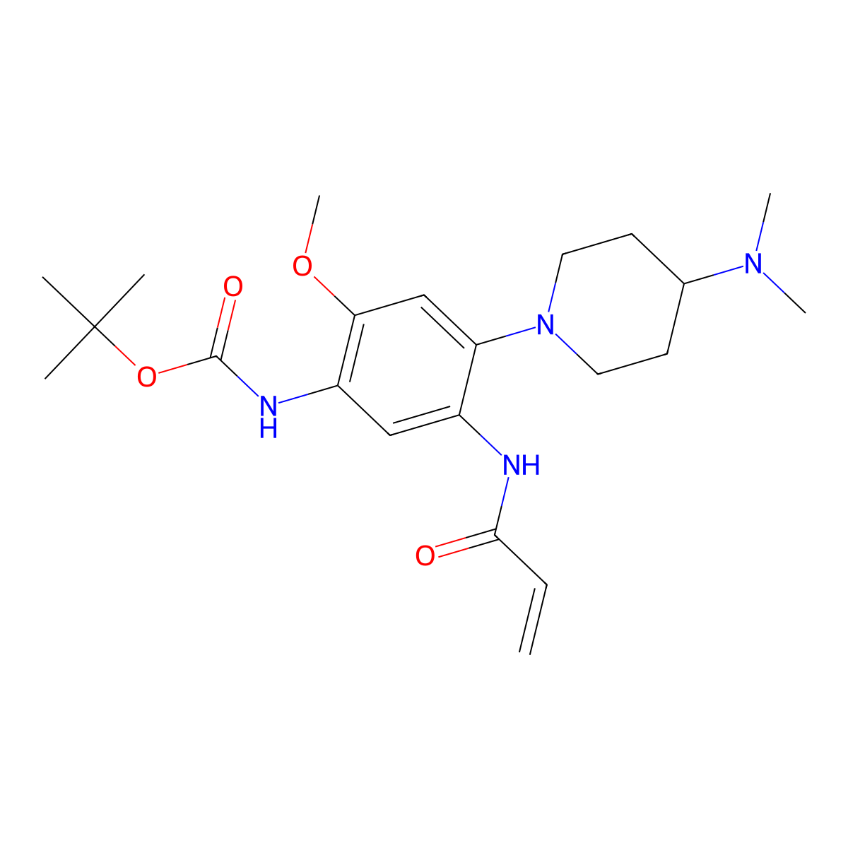 tert-butyl N-(4-(4-(dimethylamino)piperidine-1-yl)-2-methoxy-5-(prop-2-enamido)phenyl)carbamate molecular structure, CAS 1894234-36-6