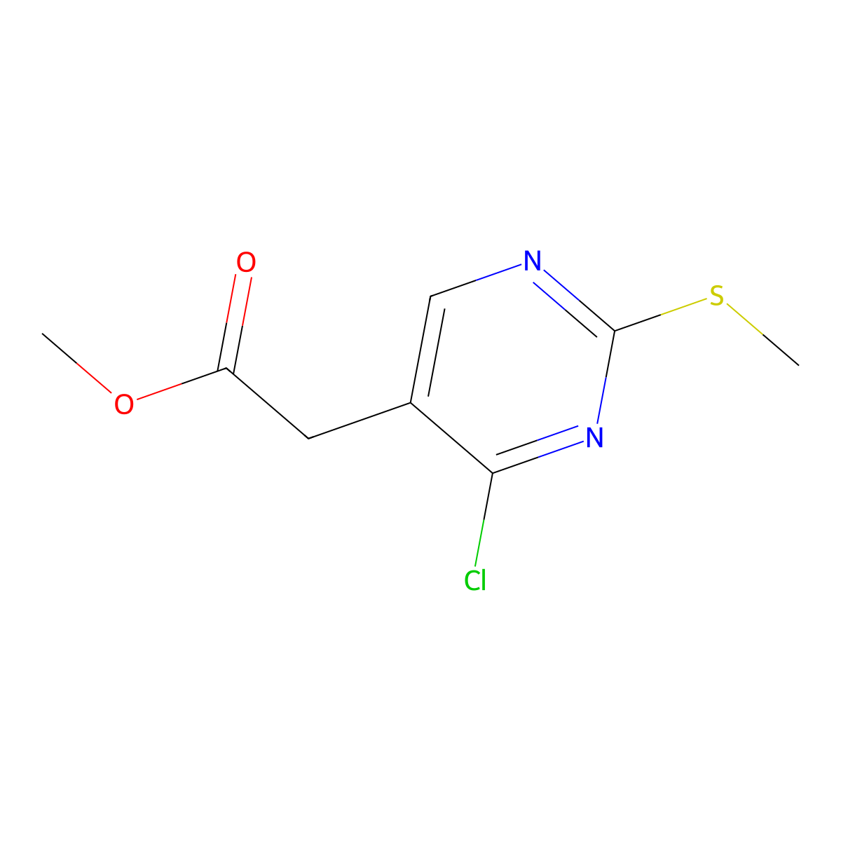 Methyl 2-(4-chloro-2-methylsulfanyl-pyrimidin-5-yl)acetate molecular structure, CAS 1894406-74-6