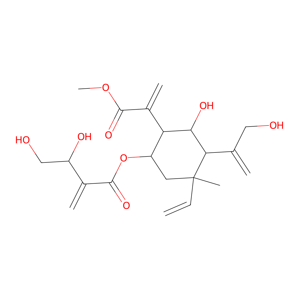 (5-Ethenyl-3-hydroxy-4-(3-hydroxyprop-1-en-2-yl)-2-(3-methoxy-3-oxoprop-1-en-2-yl)-5-methylcyclohexyl) 3,4-dihydroxy-2-methylidenebutanoate molecular structure, CAS 189458-61-5