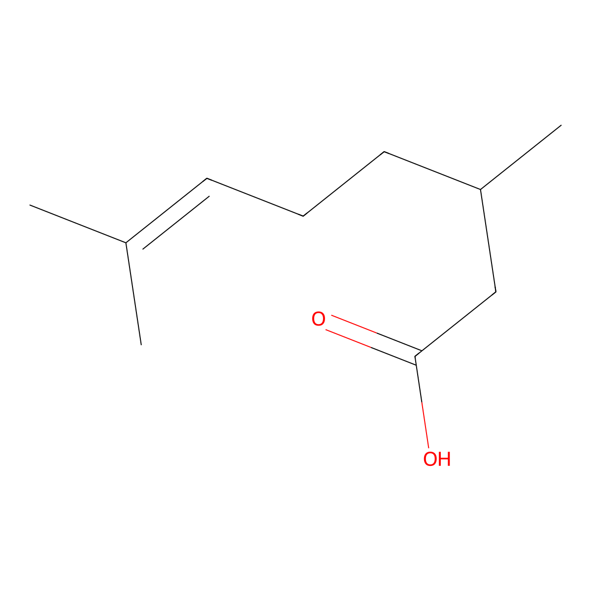(R)-(+)-citronellic acid molecular structure, CAS 18951-85-4