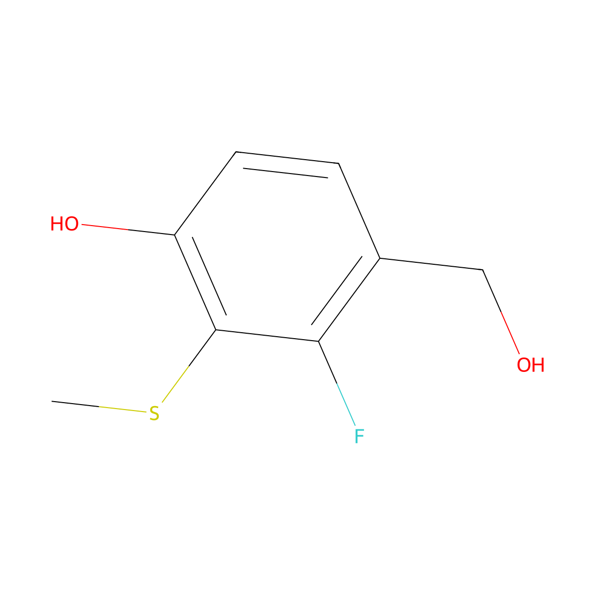3-Fluoro-4-(hydroxymethyl)-2-(methylthio)phenol molecular structure, CAS 1895295-70-1