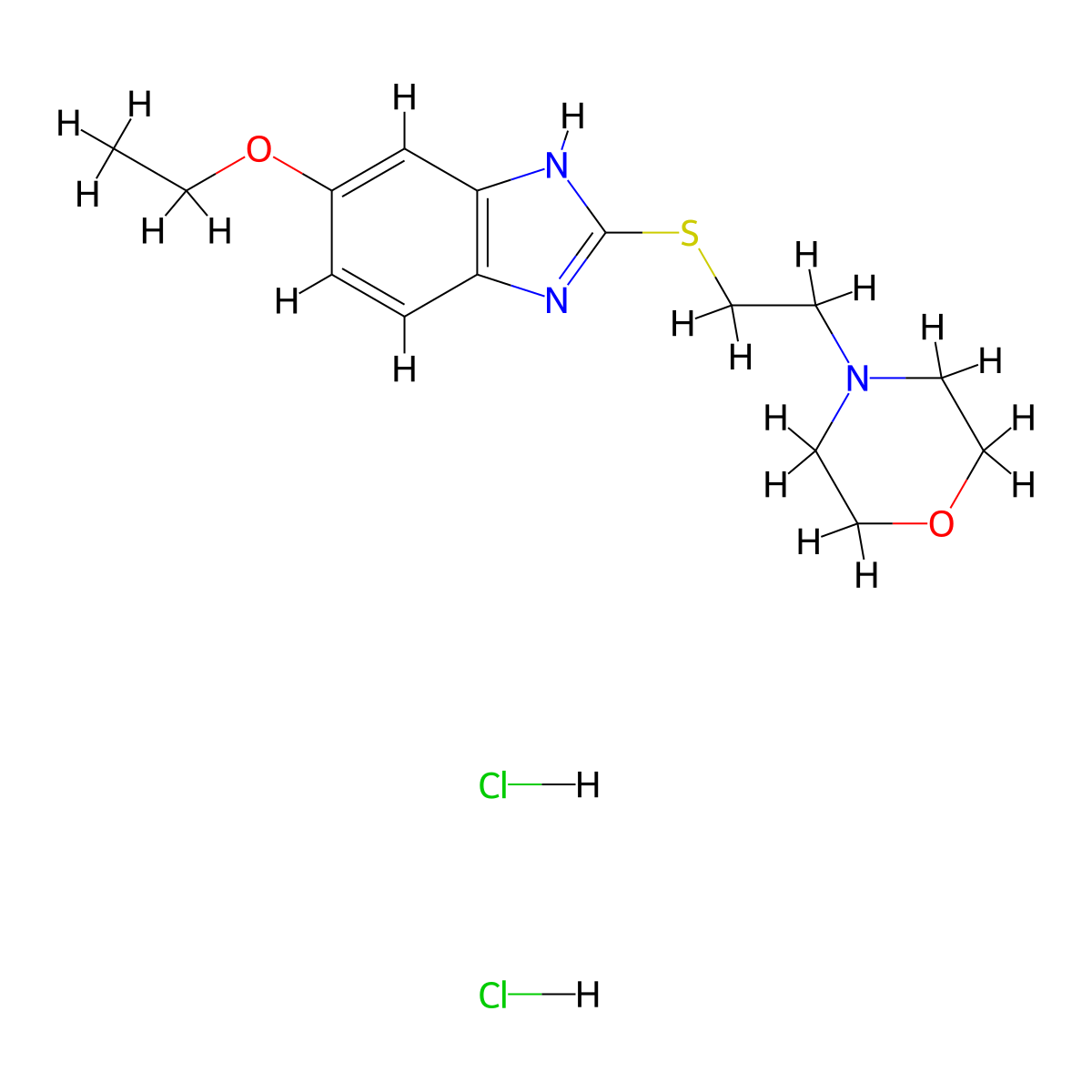 5-ethoxy-2-(2-(morpholin-4-ium-4-yl)ethylsulfanyl)-1H-benzimidazol-3-ium dichloride molecular structure, CAS 189638-30-0
