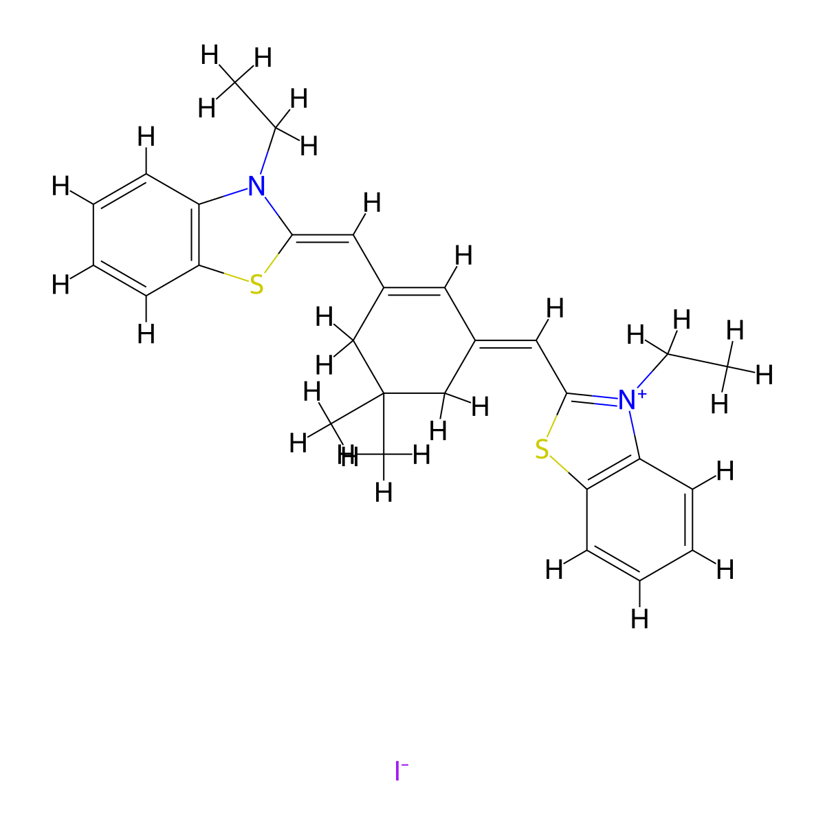 3-ethyl-2-{[(1E)-3-{[(2Z)-3-ethyl-2,3-dihydro-1,3-benzothiazol-2-ylidene]methyl}-5,5-dimethylcyclohex-2-en-1-ylidene]methyl}-1,3-benzothiazol-3-ium iodide molecular structure, CAS 189685-94-7