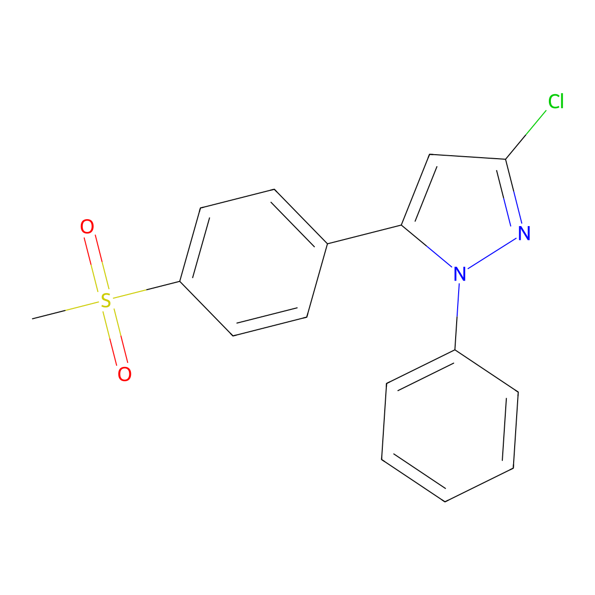 1H-Pyrazole, 3-chloro-5-(4-(methylsulfonyl)phenyl)-1-phenyl- molecular structure, CAS 189699-82-9