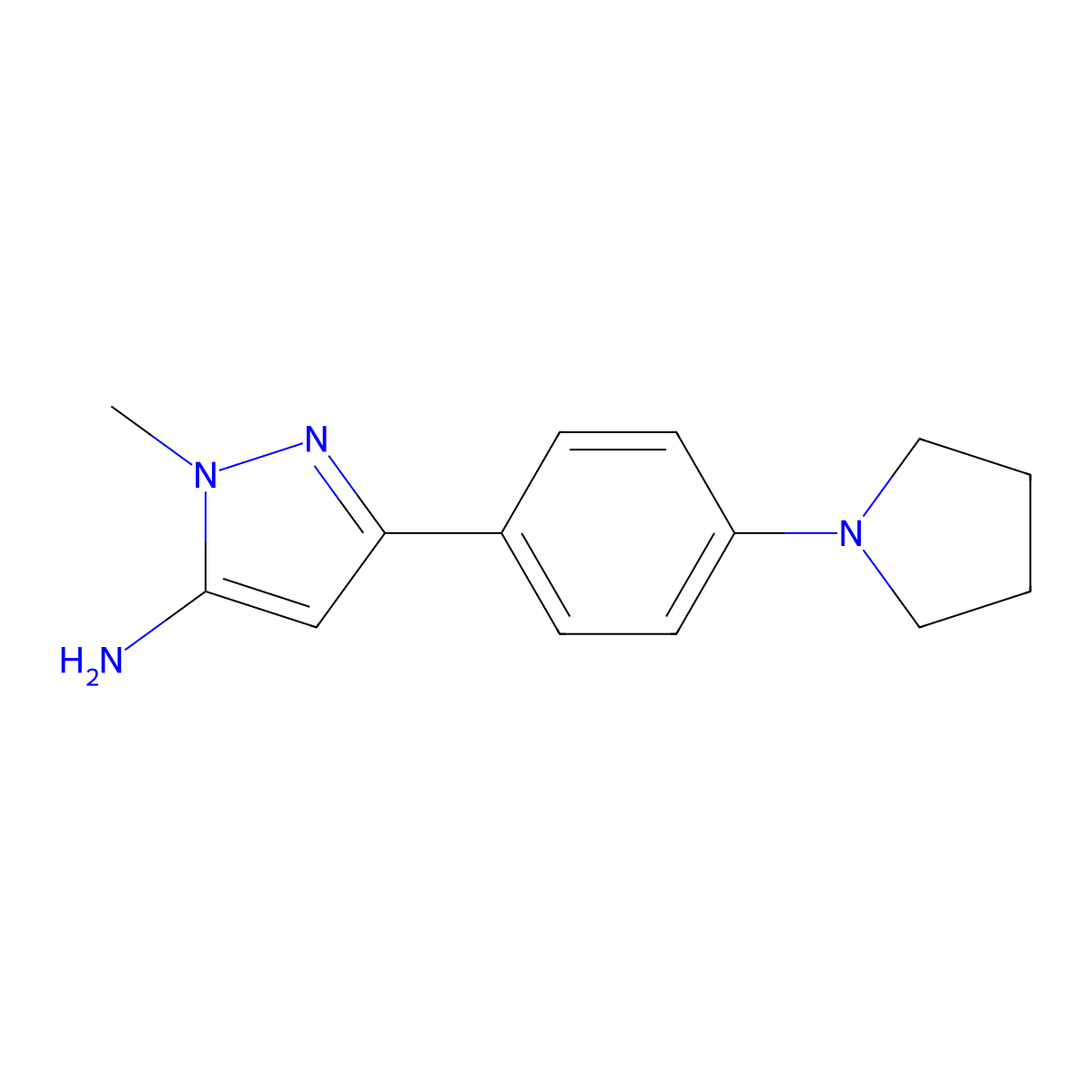 1-methyl-3-[4-(pyrrolidin-1-yl)phenyl]-1H-pyrazol-5-amine molecular structure, CAS 1897359-02-2