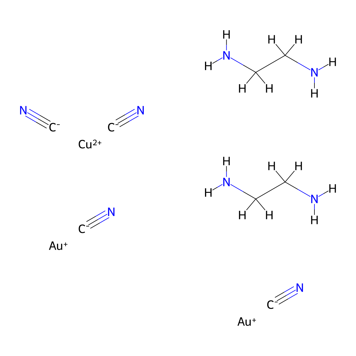 Copper(2+), bis(1,2-ethanediamine-kappaN1,kappaN2)-, (SP-4-1)-, bis(cyano-kappaC)aurate(1-) (1:2) molecular structure, CAS 18974-18-0