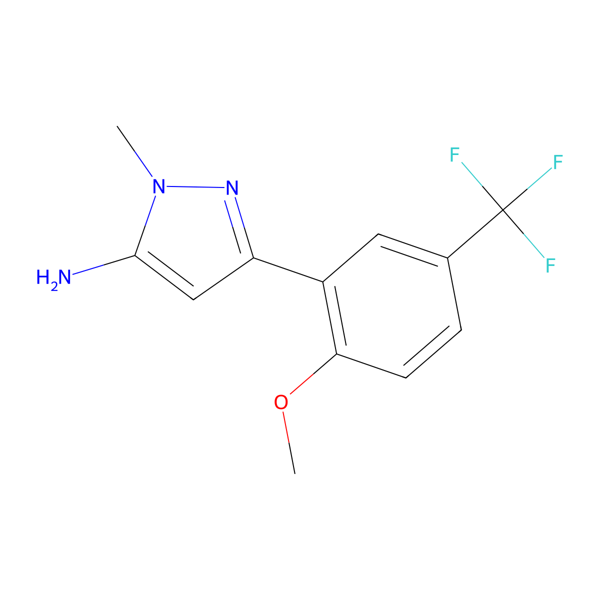 3-[2-methoxy-5-(trifluoromethyl)phenyl]-1-methyl-1H-pyrazol-5-amine molecular structure, CAS 1897491-51-8