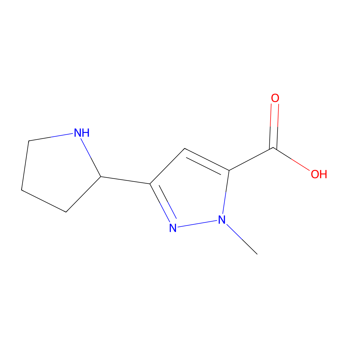 1-methyl-3-(pyrrolidin-2-yl)-1H-pyrazole-5-carboxylic acid molecular structure, CAS 1897693-05-8