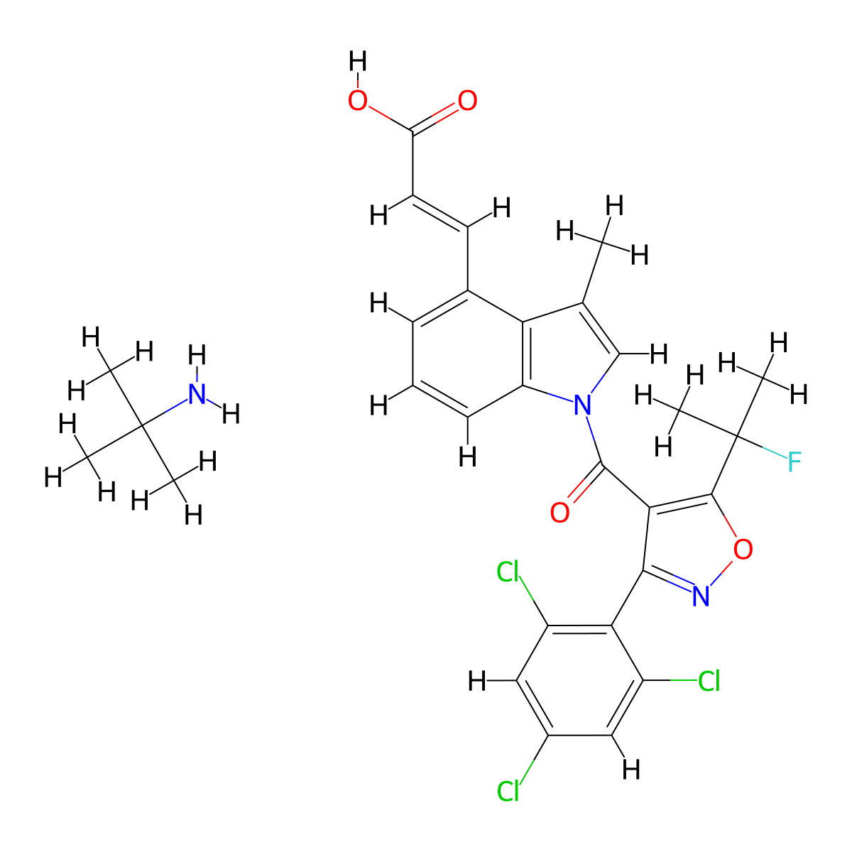 2-Methylpropan-2-amine (E)-3-(1-(5-(2-fluoropropan-2-yl)-3-(2,4,6-trichlorophenyl)isoxazole-4-carbonyl)-3-methyl-1H-indol-4-yl)acrylate molecular structure, CAS 1898207-64-1