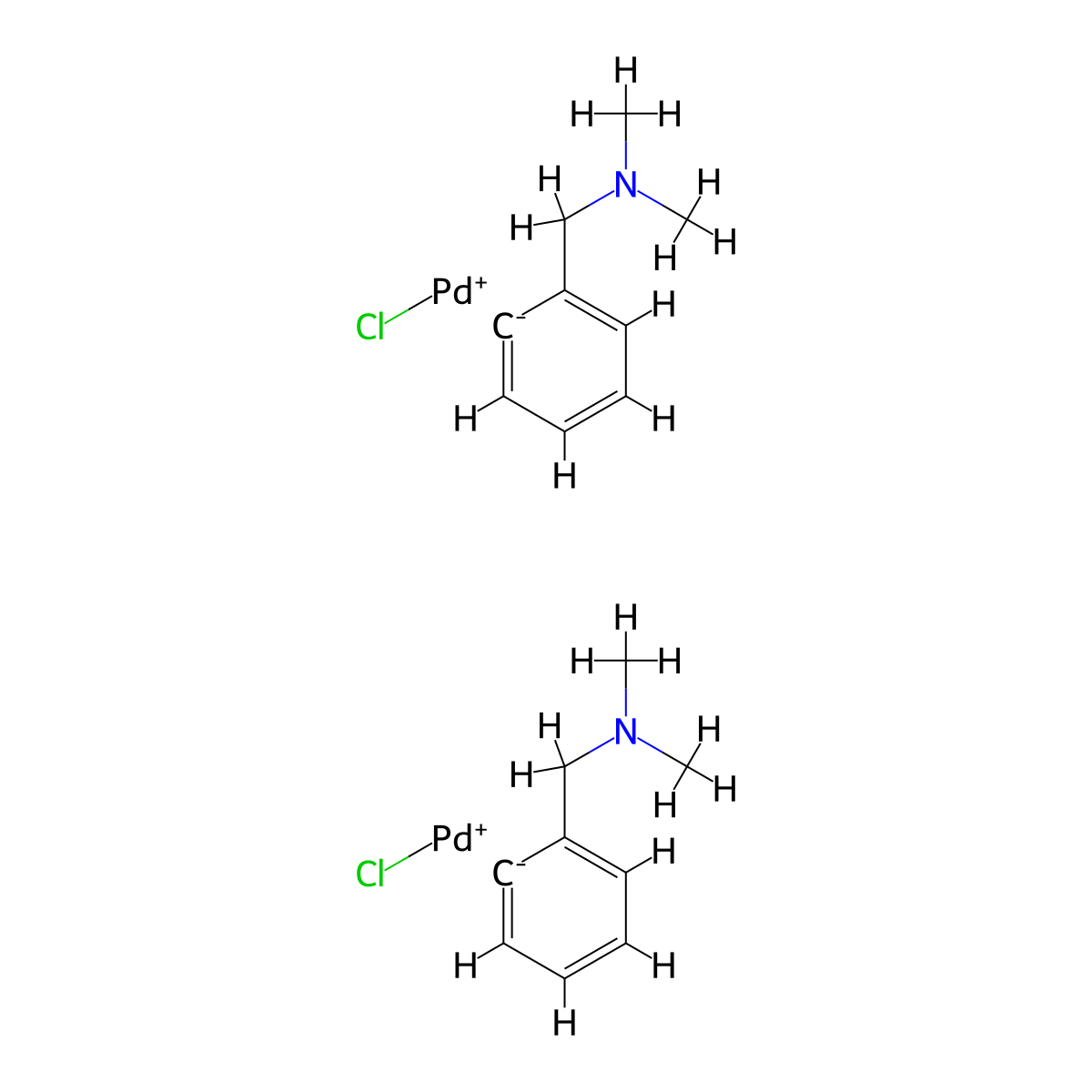 DI-Micro-chlorobis[2-[(dimethylamino)methyl]phenyl-C,N]dipalladium molecular structure, CAS 18987-59-2