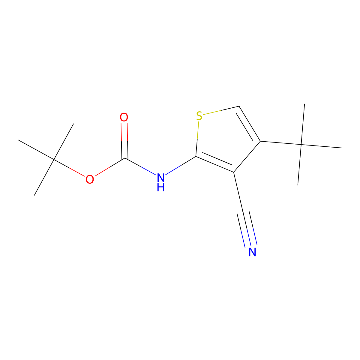 tert-butyl N-(4-tert-butyl-3-cyanothiophen-2-yl)carbamate molecular structure, CAS 1899217-77-6