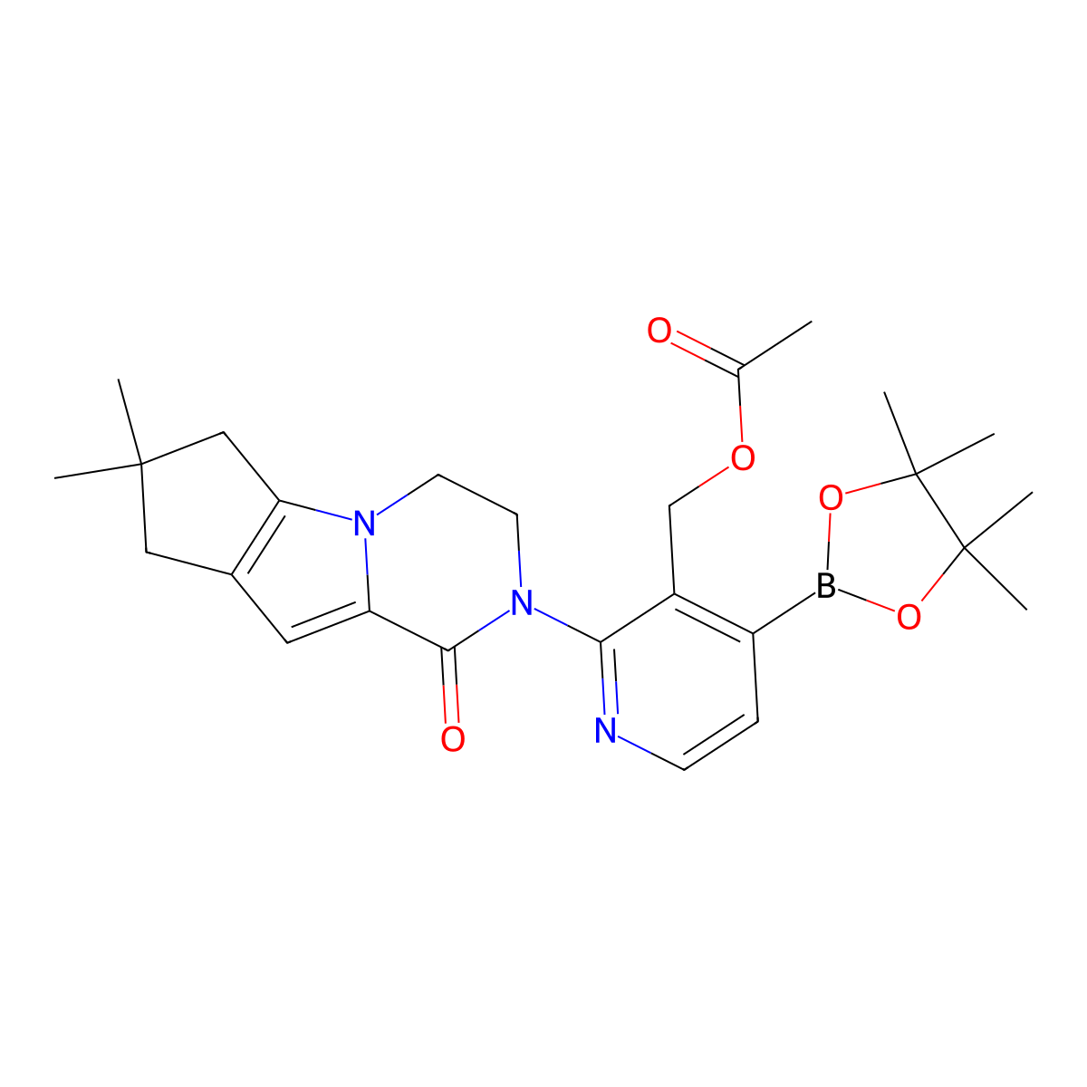 (2-(7,7-dimethyl-1-oxo-3,4,7,8-tetrahydro-1H-cyclopenta[4,5]pyrrolo[1,2-a]pyrazin-2(6H)-yl)-4-(4,4,5,5-tetramethyl-1,3,2-dioxaborolan-2-yl)pyridin-3-yl)methyl acetate molecular structure, CAS 1899834-77-5
