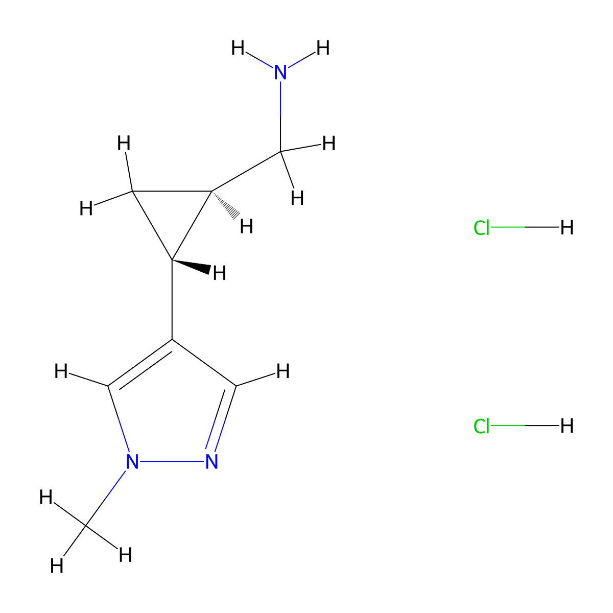 rac-((1R,2R)-2-(1-methyl-1H-pyrazol-4-yl)cyclopropyl)methanamine dihydrochloride molecular structure, CAS 1899946-38-3