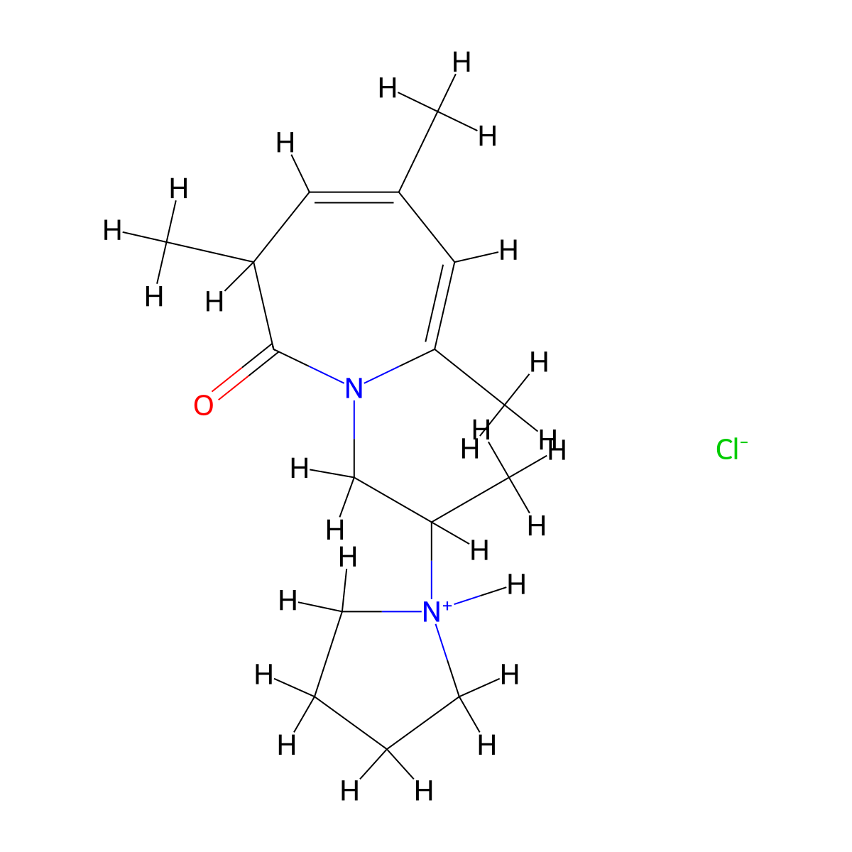 2H-Azepin-2-one, 1,3-dihydro-1-((2-methyl-2-(1-pyrrolidinyl)ethyl)-3,5,7-trimethyl-, hydrochloride molecular structure, CAS 1900-35-2