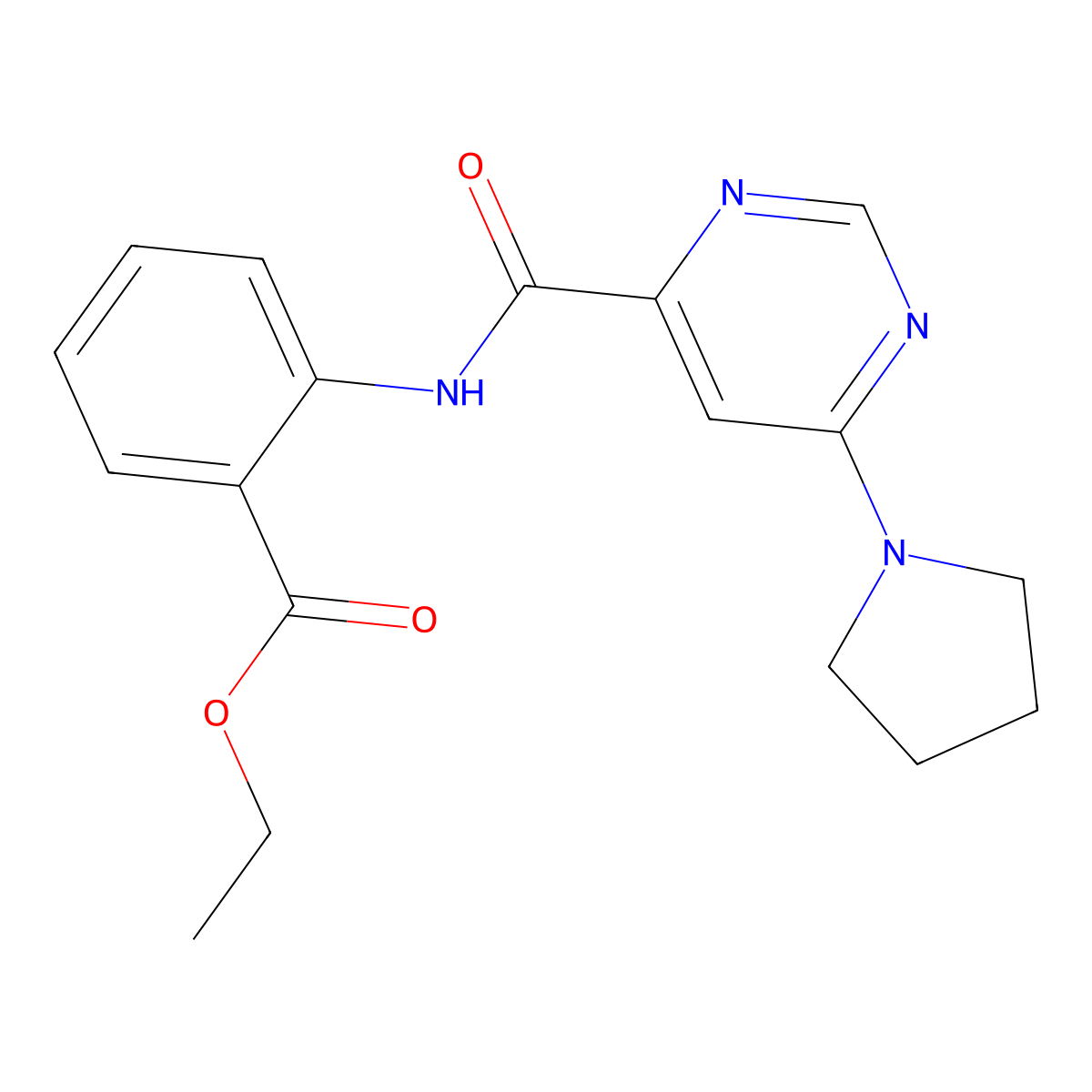 Ethyl 2-(6-(pyrrolidin-1-yl)pyrimidine-4-carboxamido)benzoate molecular structure, CAS 1900037-63-9