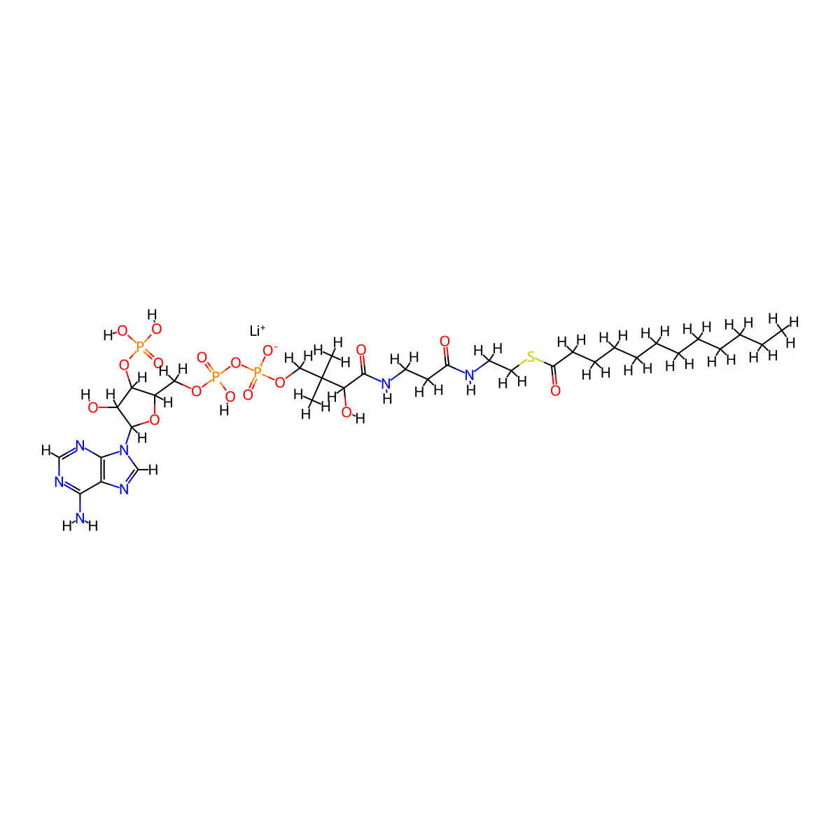 Lithium [[5-(6-aminopurin-9-yl)-4-hydroxy-3-phosphonooxyoxolan-2-yl]methoxy-hydroxyphosphoryl] [4-[[3-(2-dodecanoylsulfanylethylamino)-3-oxopropyl]amino]-3-hydroxy-2,2-dimethyl-4-oxobutyl] phosphate molecular structure, CAS 190063-12-8