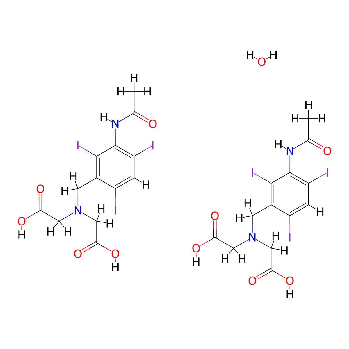 Acetic acid, ((3-acetamido-2,4,6-triiodobenzyl)imino)di-, hydrate (2:1) molecular structure, CAS 19014-74-5