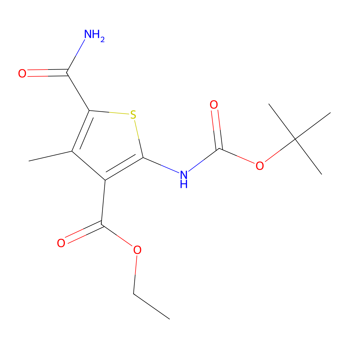 Ethyl 2-{[(tert-butoxy)carbonyl]amino}-5-carbamoyl-4-methylthiophene-3-carboxylate molecular structure, CAS 1901737-96-9